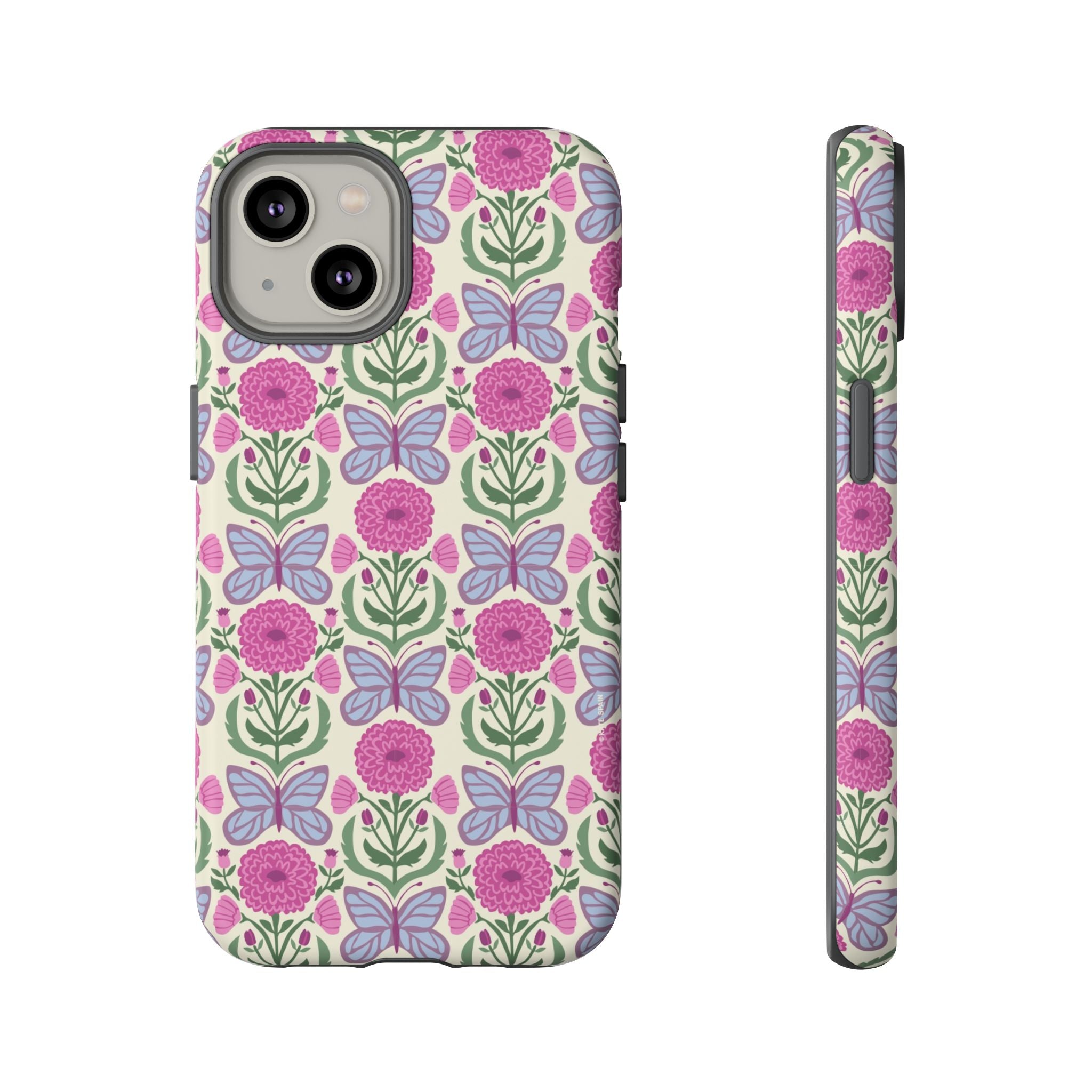 Butterfly Tough iPhone 14 Case – Matte | cream, magenta, periwinkle butterfly floral print