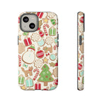Gingerbread Cookies Tough iPhone 14 Case – Matte | cream, red, green gingerbread holiday cookie print