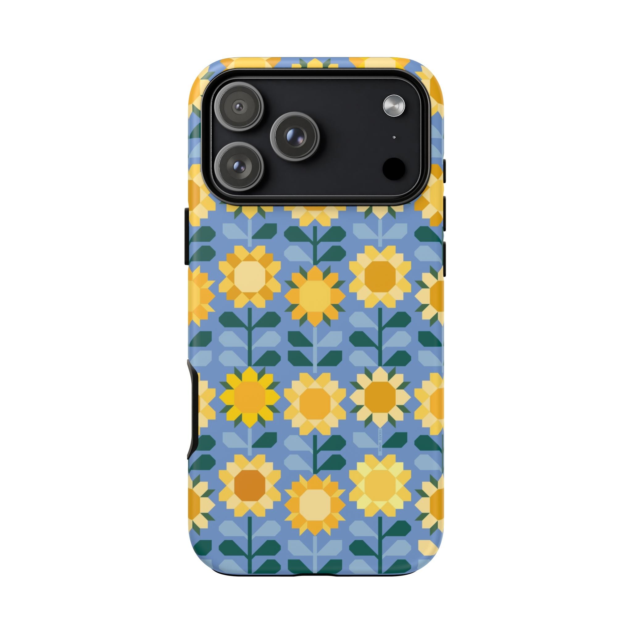Sunflowers Tough iPhone 17 Pro Max Case – Matte | blue, yellow, gold geometric sunflower print