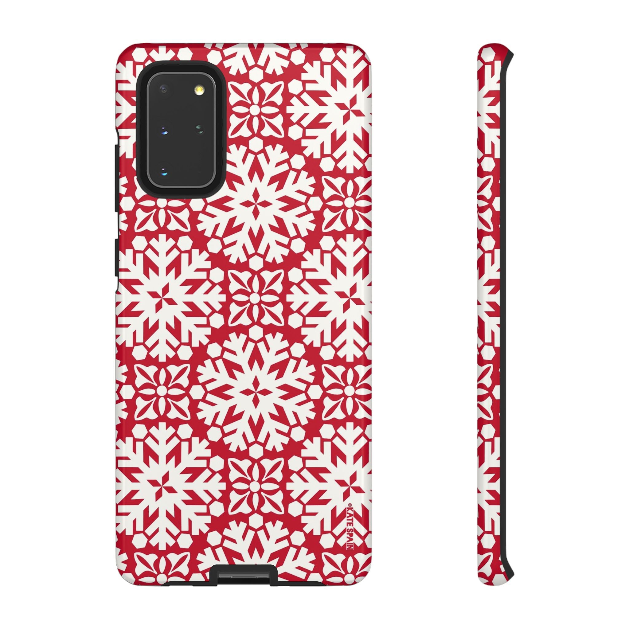 Flurry Samsung Galaxy S20+ Case – Glossy | white, red geometric snowflake tile print