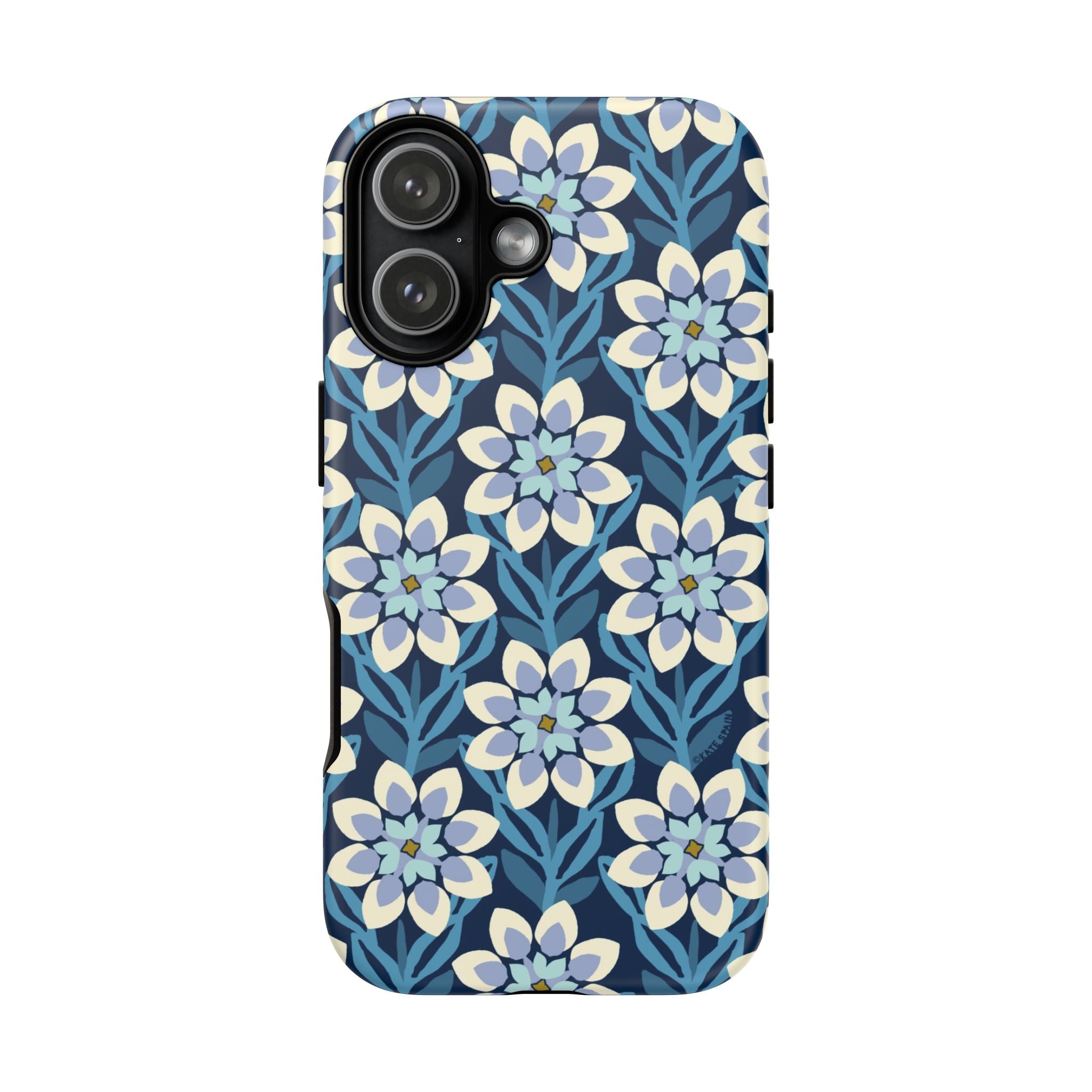 Designer Modern Dahlia Tough iPhone 17 Case – Matte | navy, cobalt, white dahlia floral print