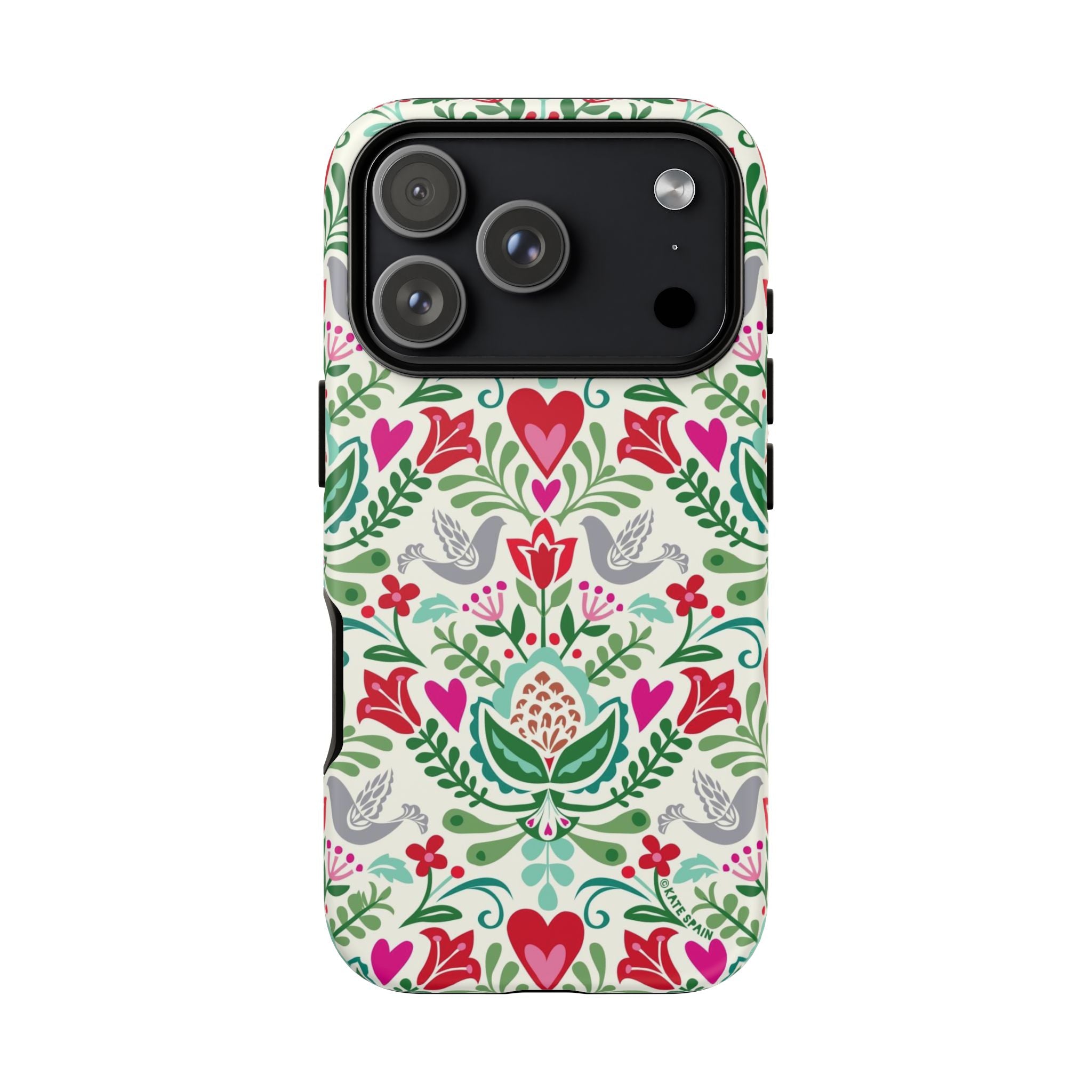 Rosemaling Tough iPhone 17 Pro Case – Matte | cream, red, pink, green, gray folk art floral bird print