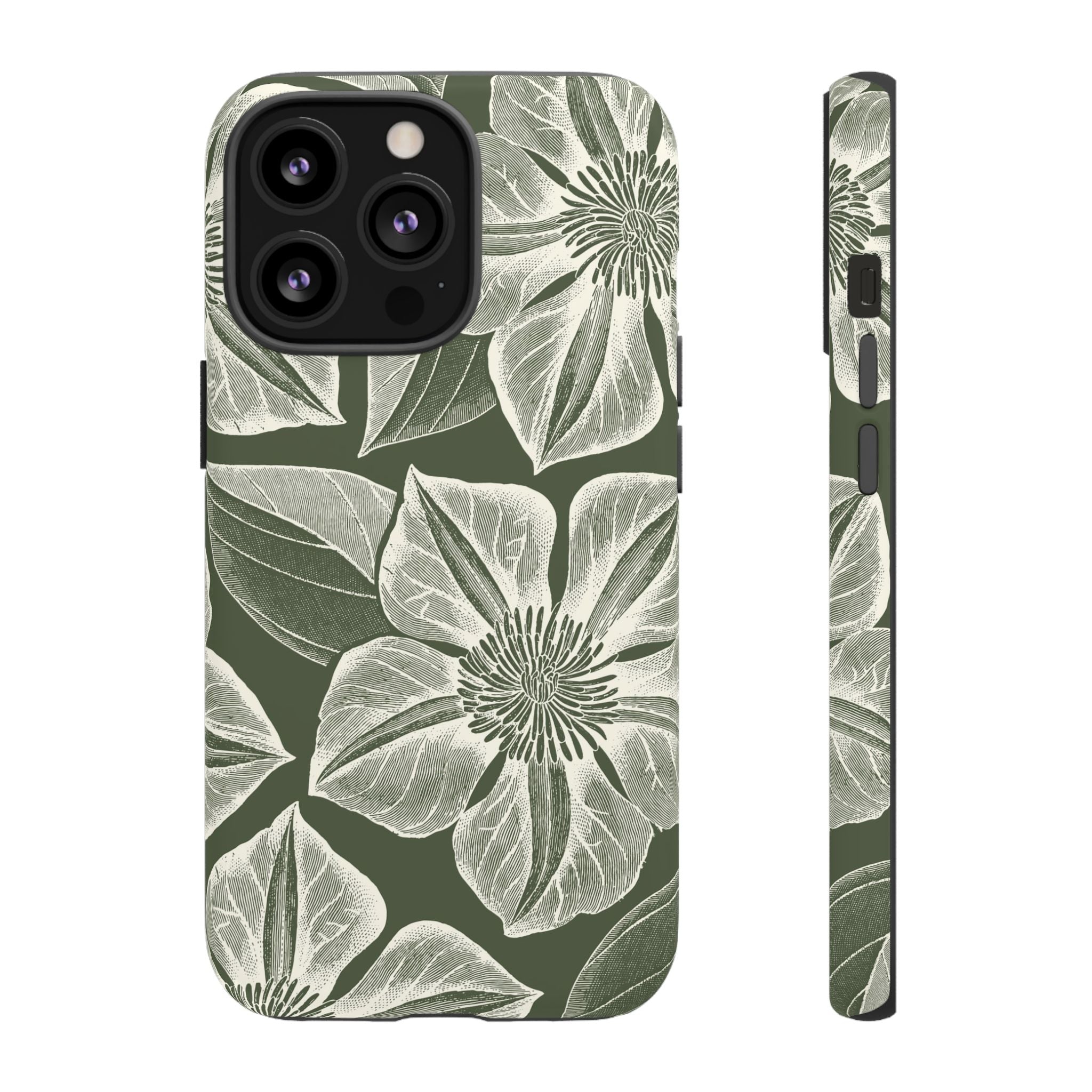 Vintage Bloom Cypress iPhone 13 Pro case – Matte | cypress green ground, large-scale white clematis print, engraved petal detail, dual-layer protection