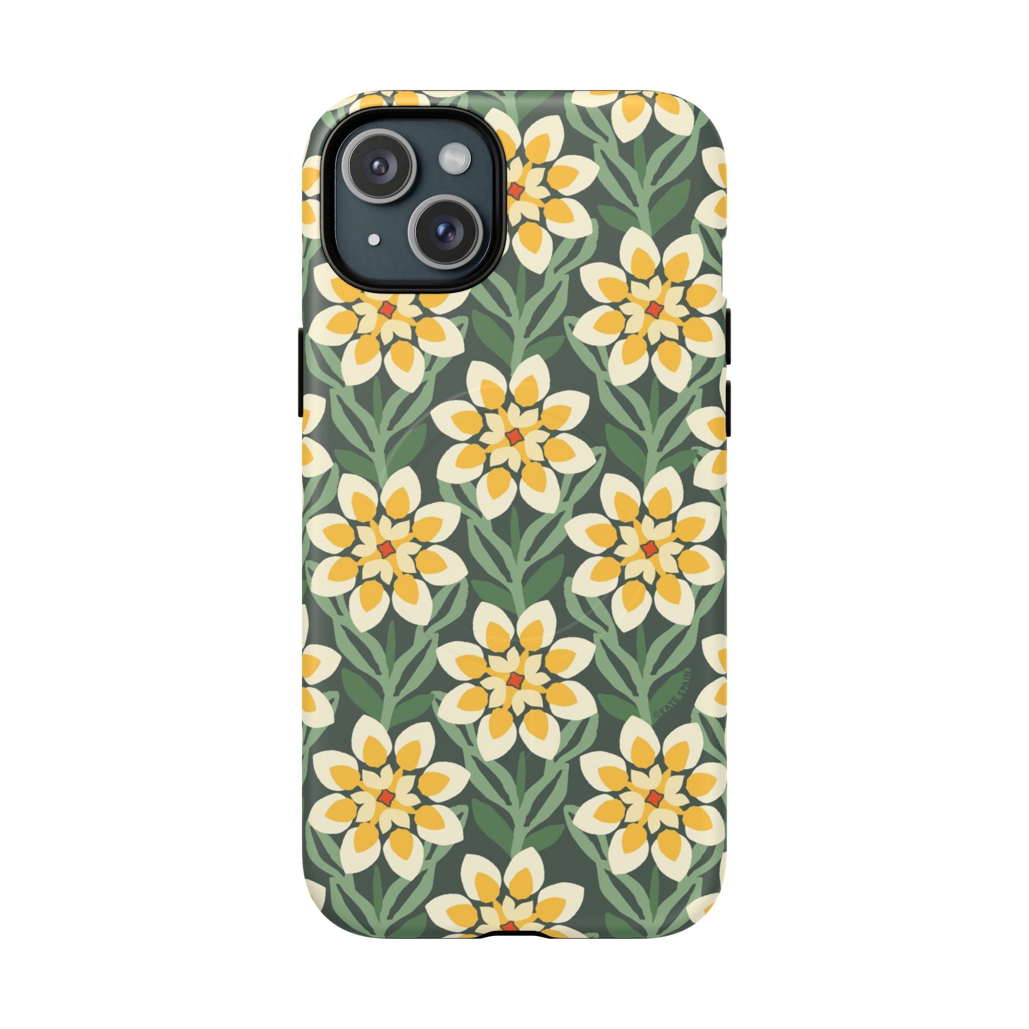 Designer Modern Dahlia MagSafe iPhone 15 Plus Case – Matte | yellow, cream, green dahlia floral print