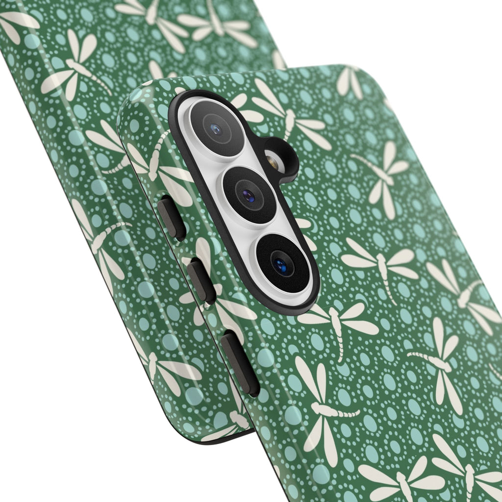 Dragonfly Samsung Galaxy S26 Plus Case – Glossy | Close-up of 3 lenses camera cut-out in case in  jade green, aqua, cream dragonfly print 