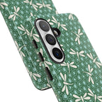 Dragonfly Samsung Galaxy S26 Plus Case – Glossy | Close-up of 3 lenses camera cut-out in case in  jade green, aqua, cream dragonfly print 