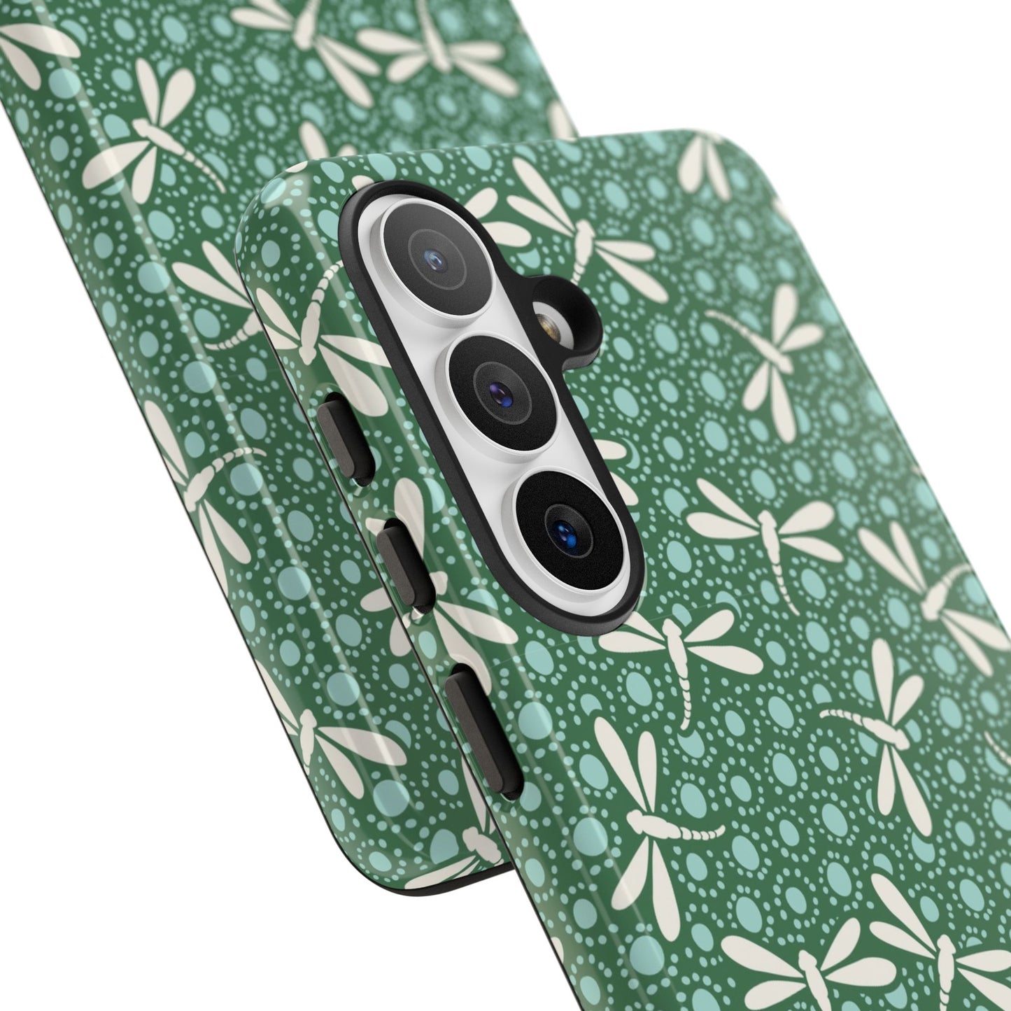 Dragonfly Pattern Phone Case — Green Floral Protective Tough Case