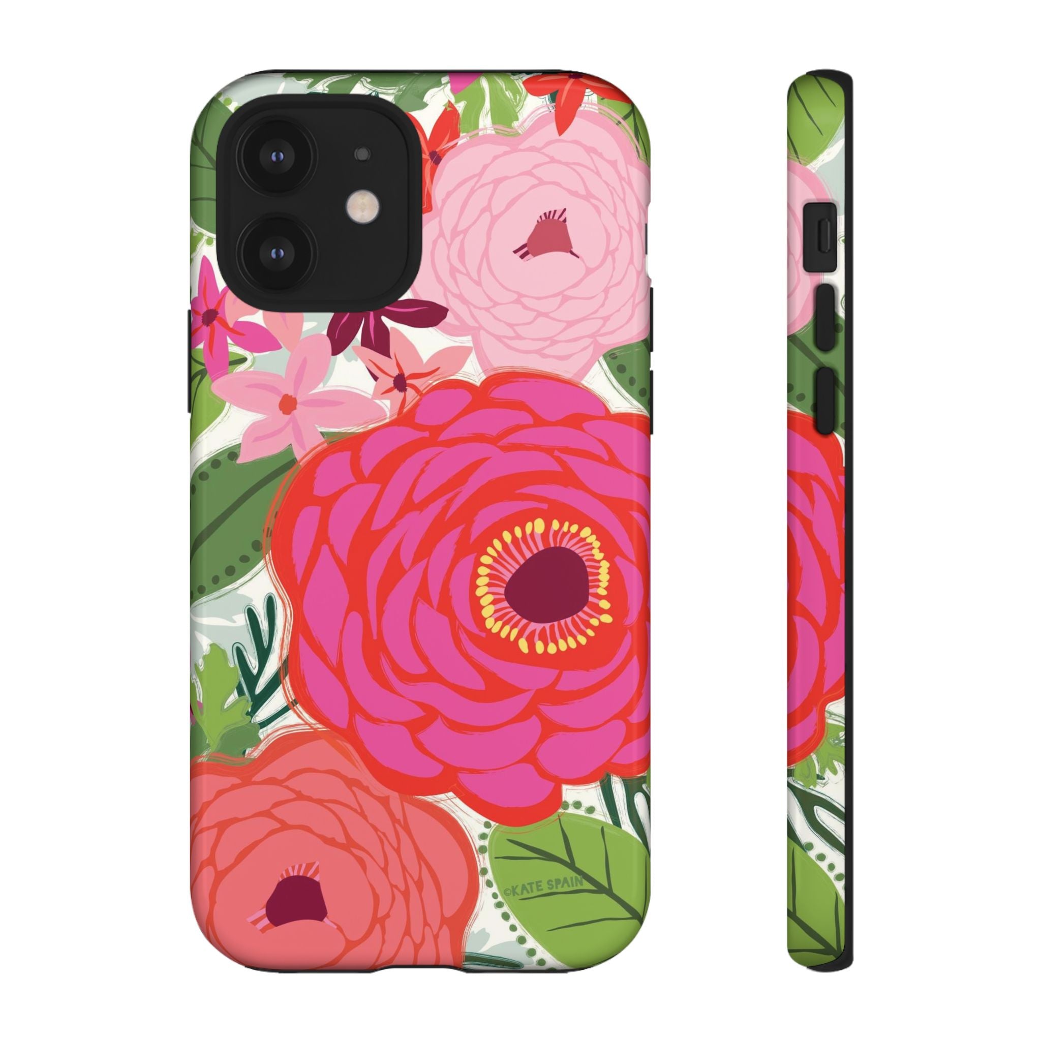 Bloomerie Tough iPhone 12 Case – Glossy | cream, magenta, coral botanical peony floral print