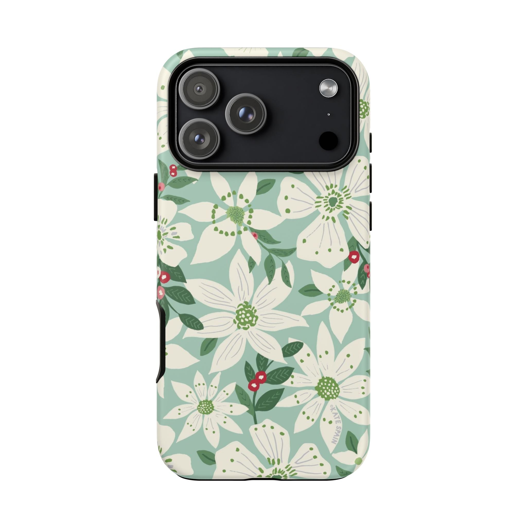 Gardenia Tough iPhone 17 Pro Max Case – Matte | light blue, white, green, red gardenia botanical print