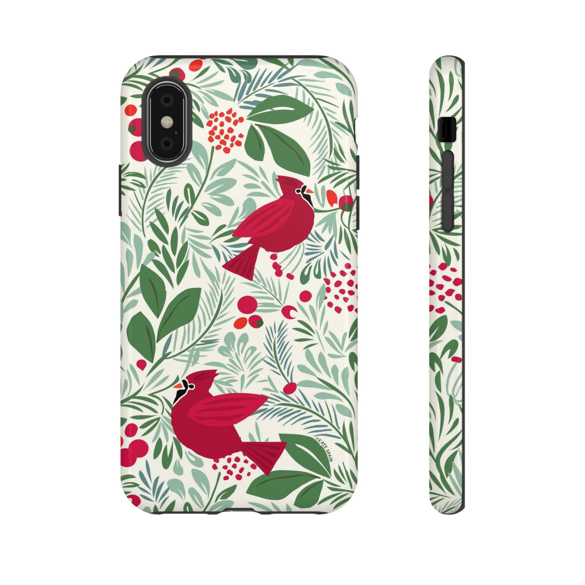 Birds and Berries Tough iPhone X Case – Glossy | cream, red, green botanical cardinal berry print