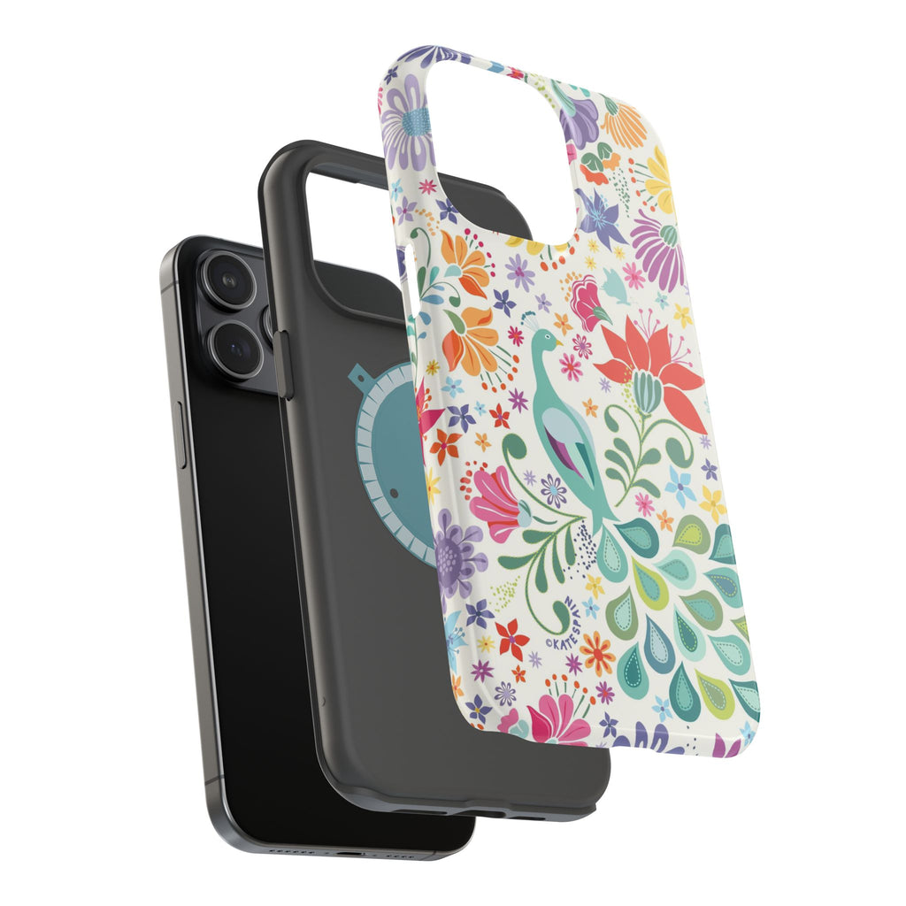 Peacock Sanctuary MagSafe iPhone  15 Pro Max Case – Glossy | construction of dual layers in front of phone, case in front in ivory, teal, navy peacock botanical print MagSafe compatible, dual-layer protection