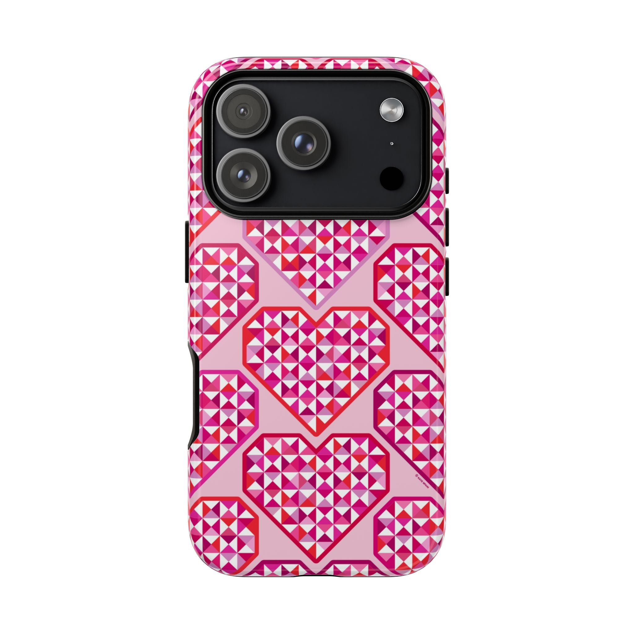 Pink Pyramid Heart Tough iPhone 17 Pro Case – Glossy | blush, pink, magenta, red geometric pyramid heart print