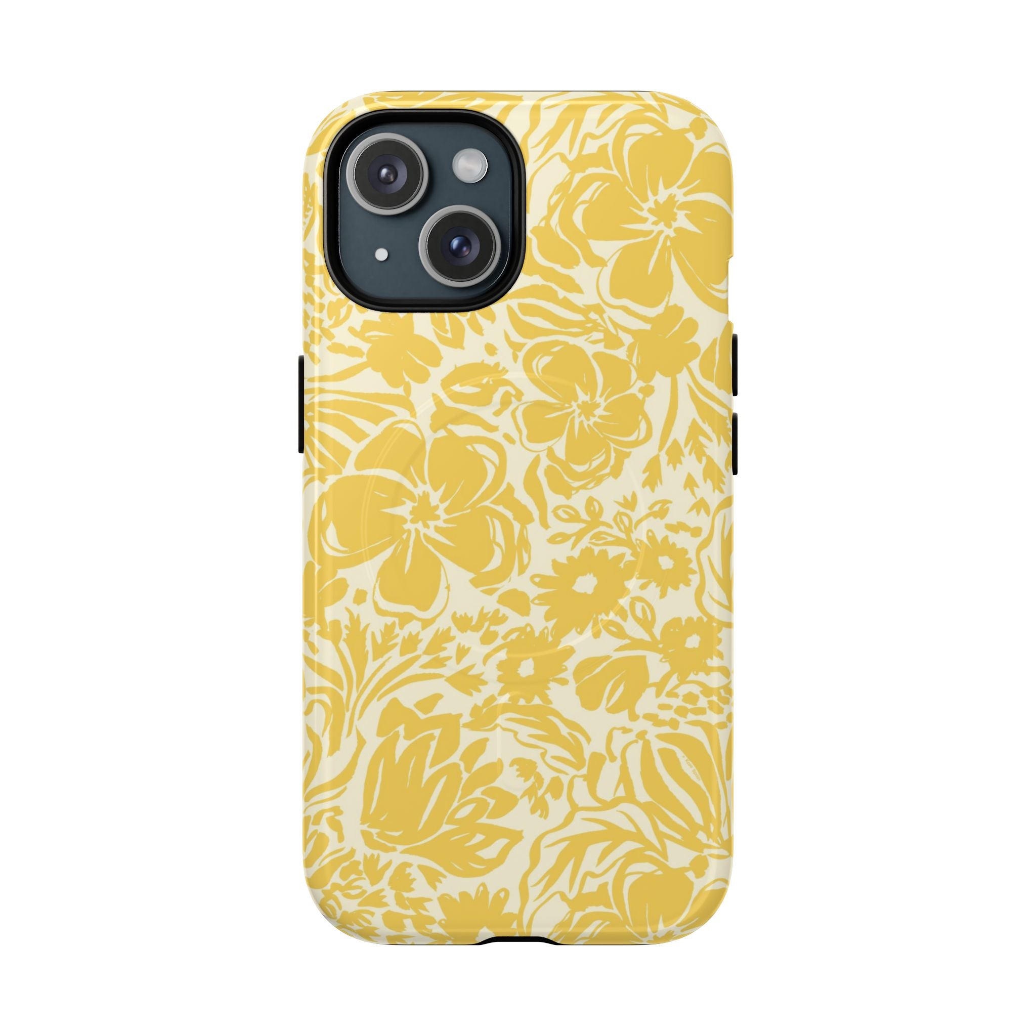 Rhapsody Yellow MagSafe iPhone 14 Glossy case — bold golden yellow floral print on cream by Kate Spain