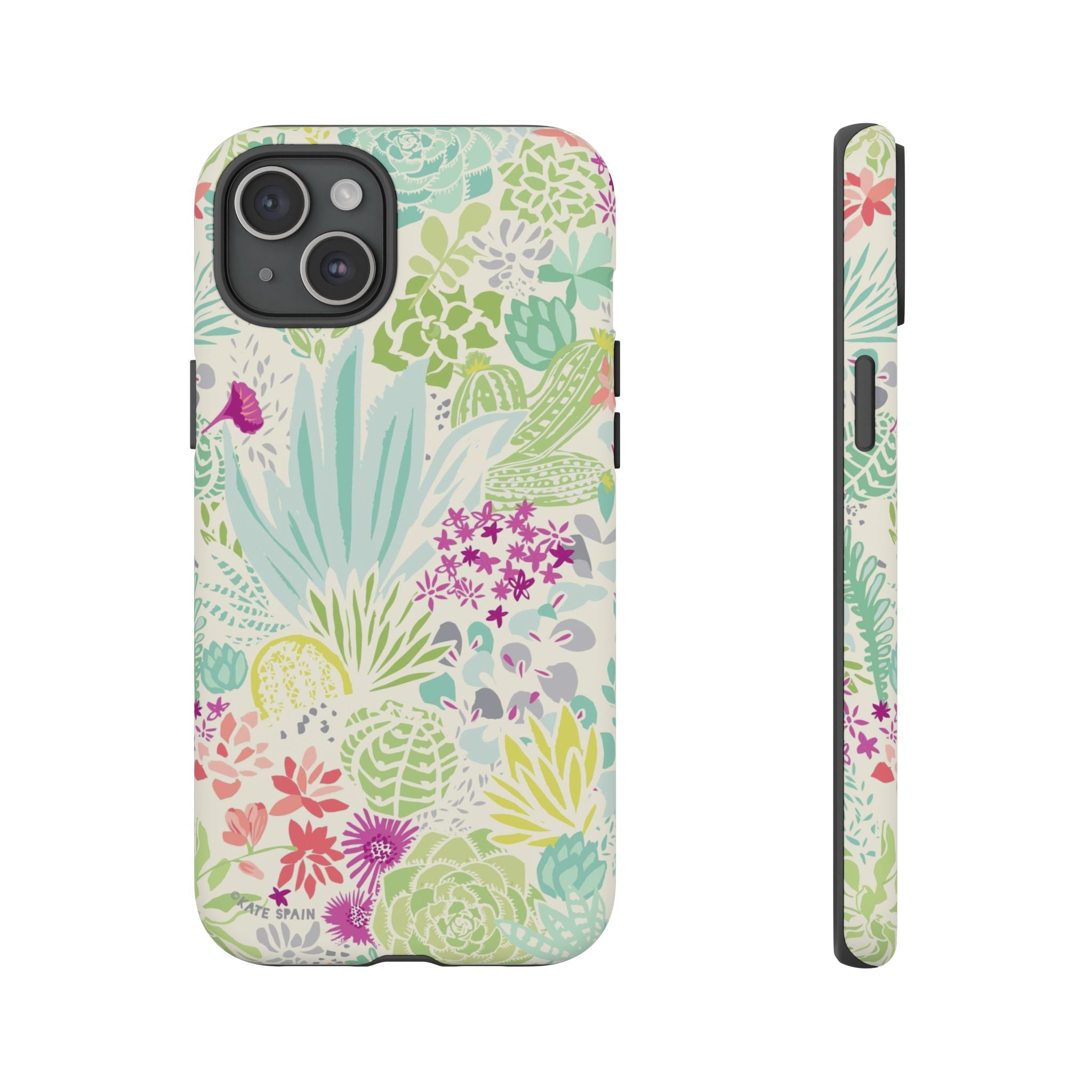 Canyon Tough iPhone 15 Plus Case – Matte | cream, sage, aqua, mauve, fuschia botanical succulent print