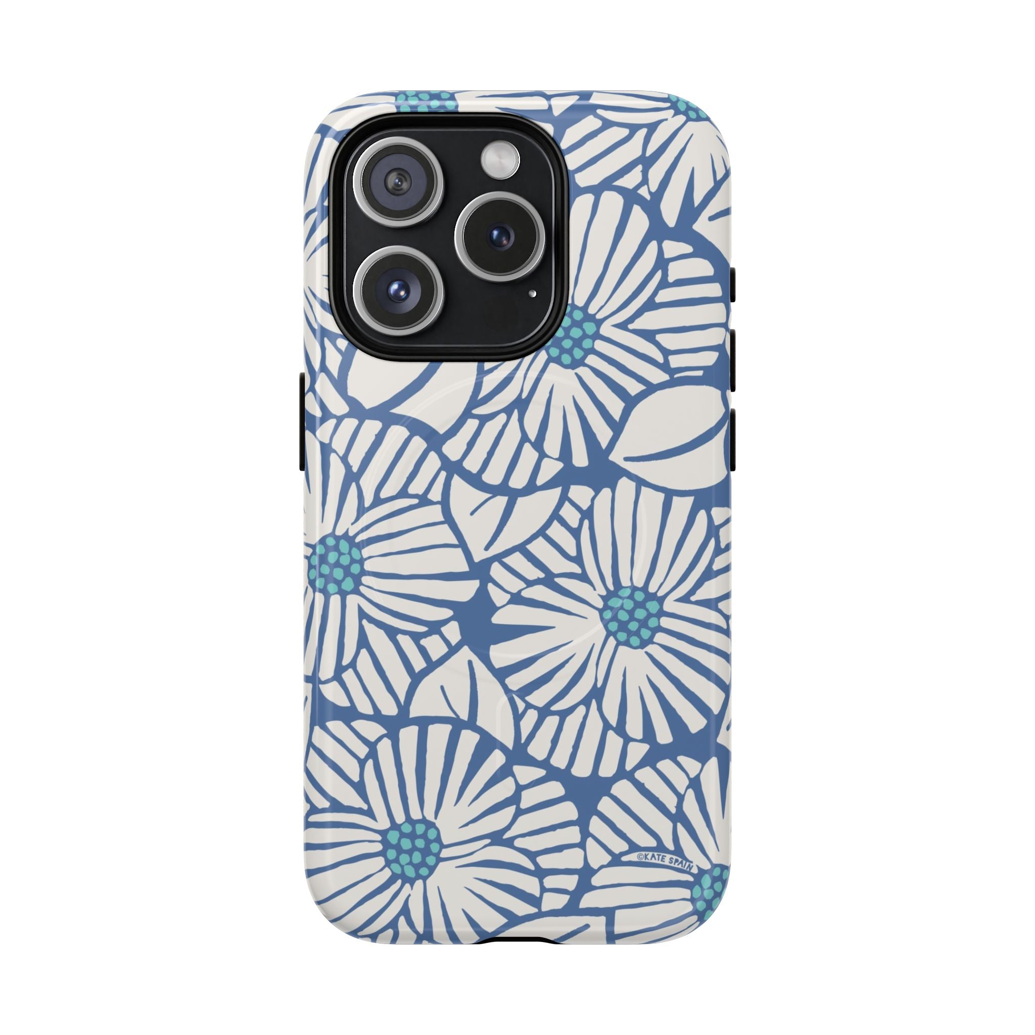 Calendula MagSafe iPhone 15 Pro Case – Glossy | periwinkle, cream, teal graphic daisy floral print