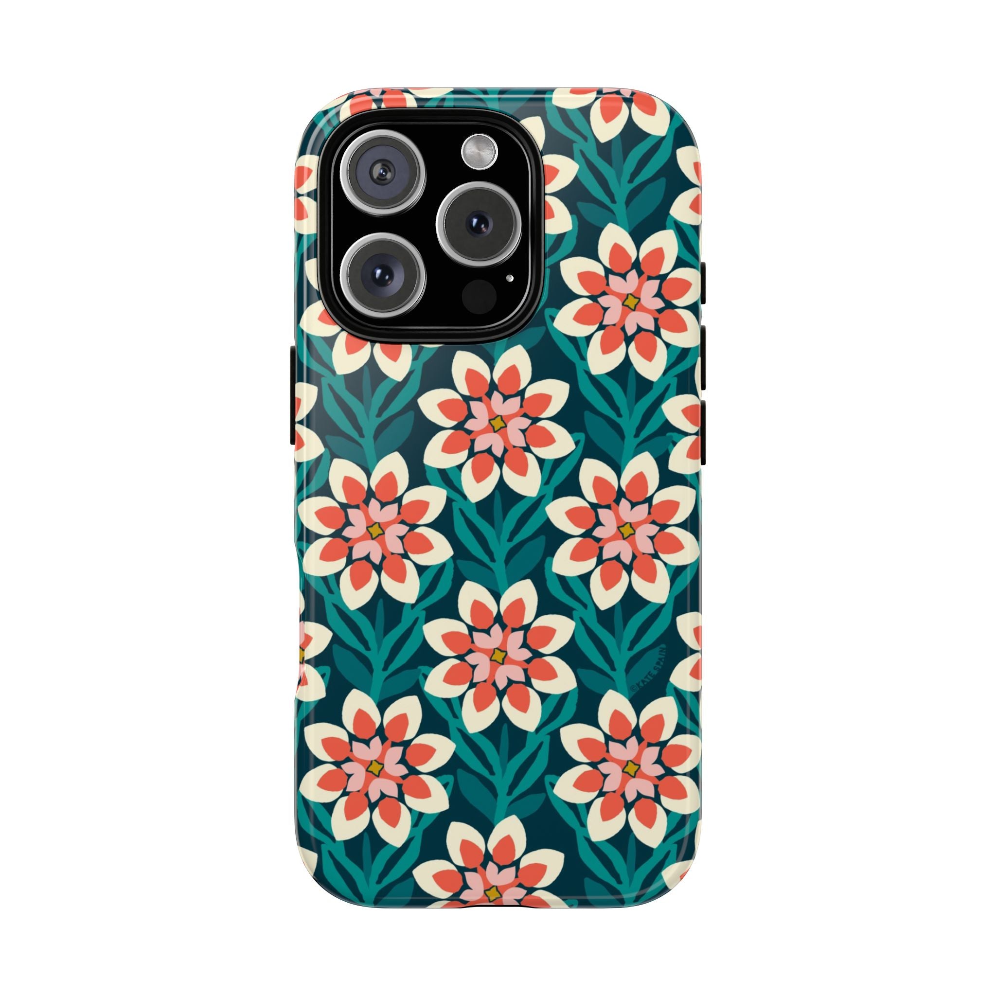 Modern Dahlia Tough iPhone 16 Pro Case – Glossy | teal, coral, cream geometric dahlia floral print