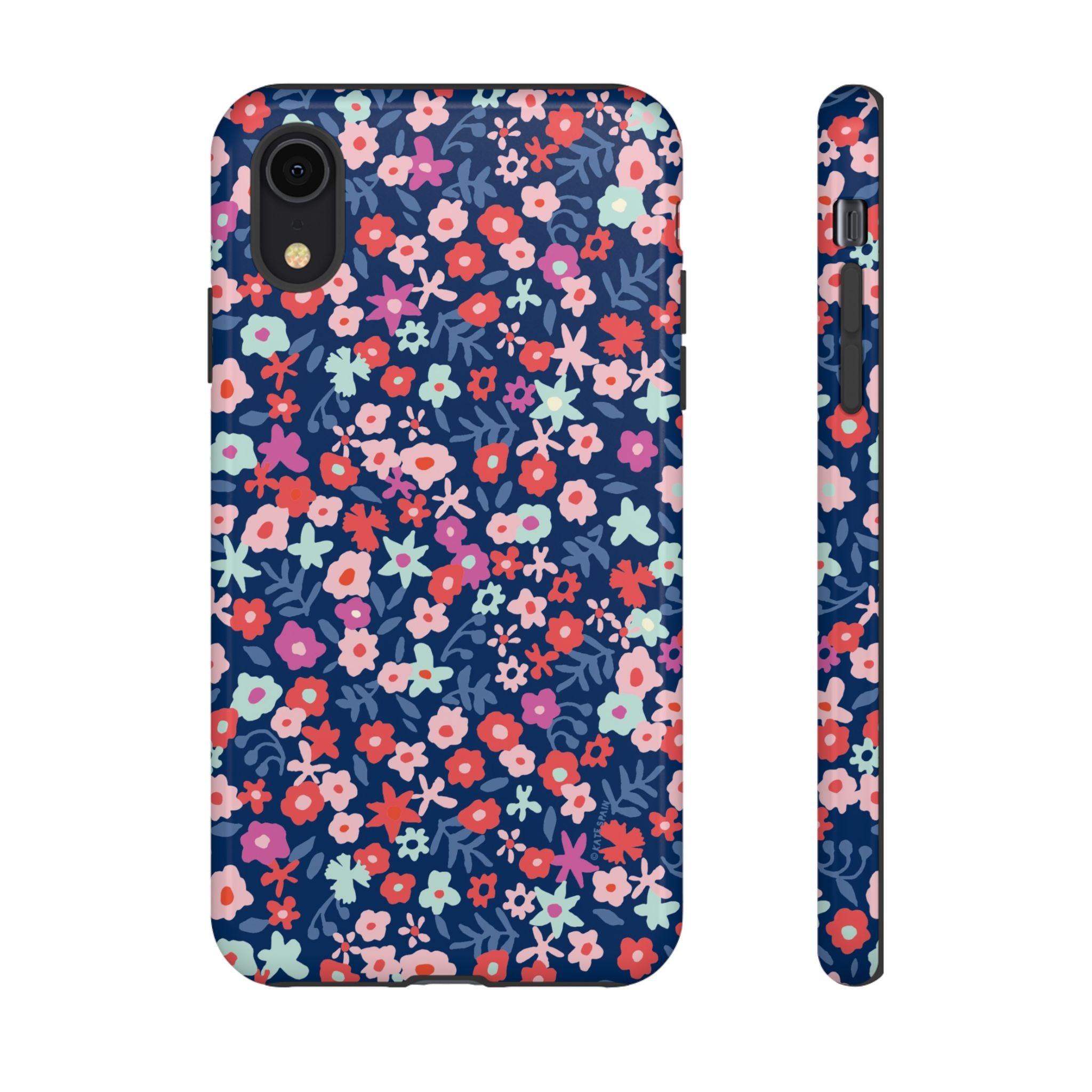 Primrose Tough iPhone XR Case – Glossy | navy, pink, white ditsy floral print