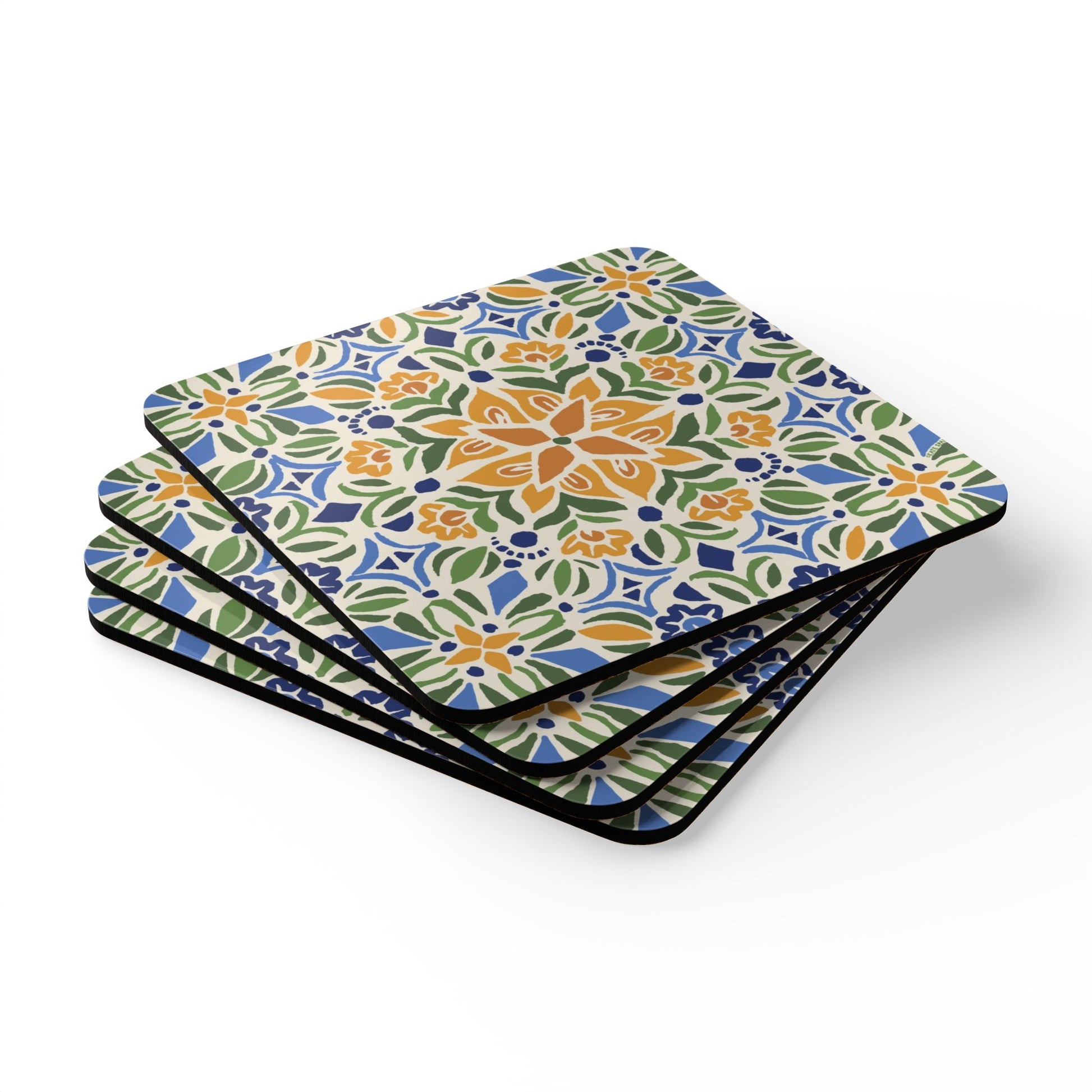 Set of four square coasters with a colorful floral pattern on a white background