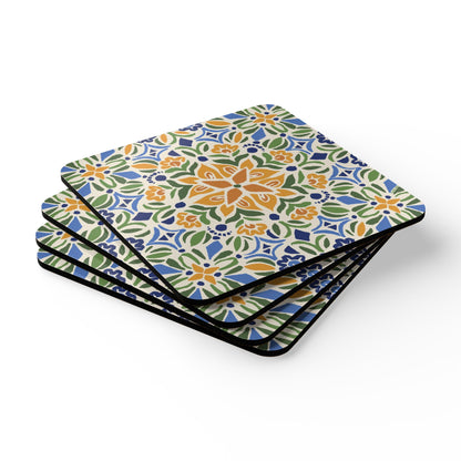 Set of four square coasters with a colorful floral pattern on a white background
