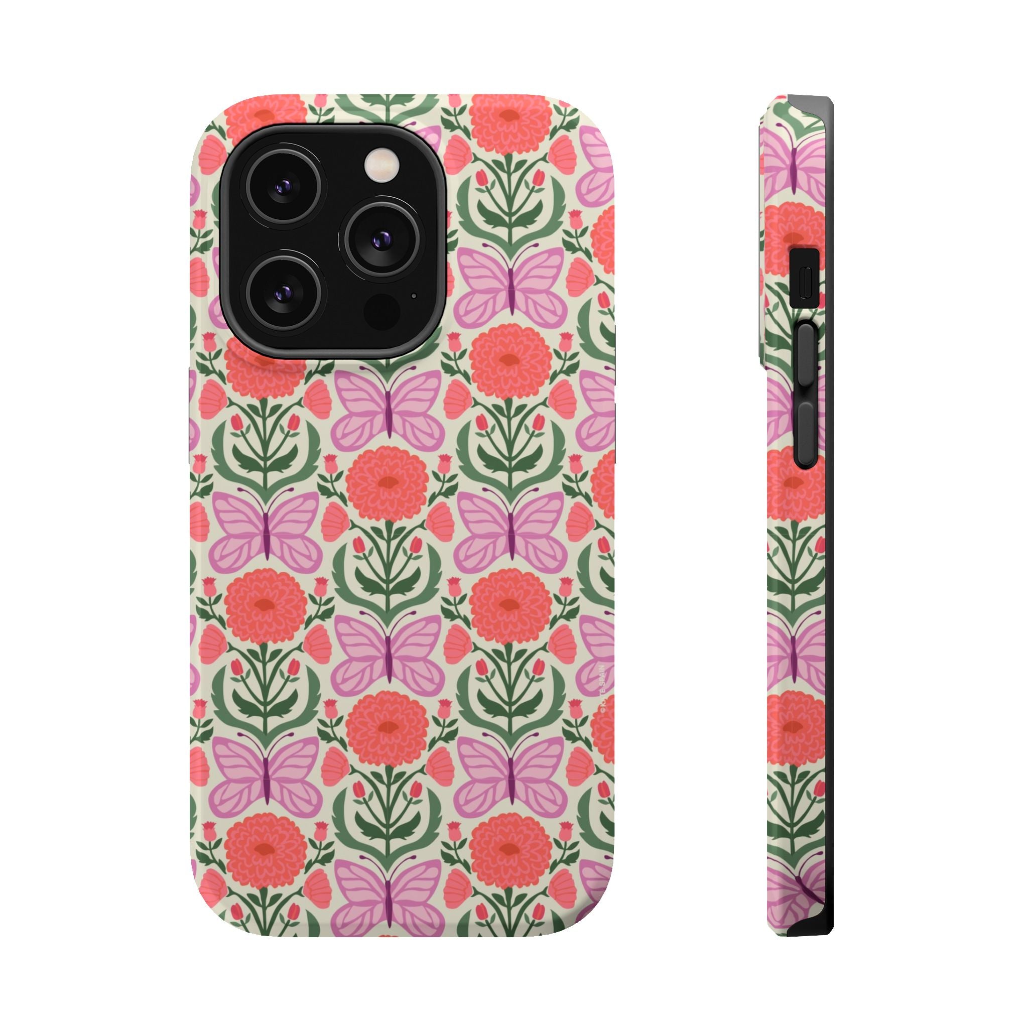Pink Butterfly MagSafe iPhone 14 Pro Case – Glossy | cream, coral, lavender, green butterfly floral print