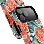 Luxury Tea Rose Navy MagSafe iPhone 17 Pro Max Case – exploded side view showing buttons and close-up of camera cut out in navy, coral, peach botanical rose floral print