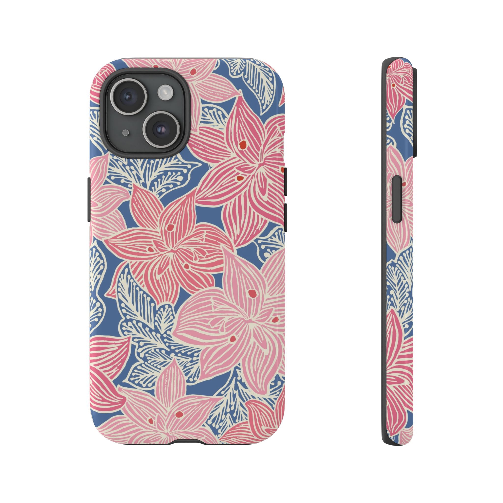 Hibiscus Lagoon Tough iPhone 15 Plus Case – Glossy | coral, blush, cream, dusty blue hibiscus botanical print
