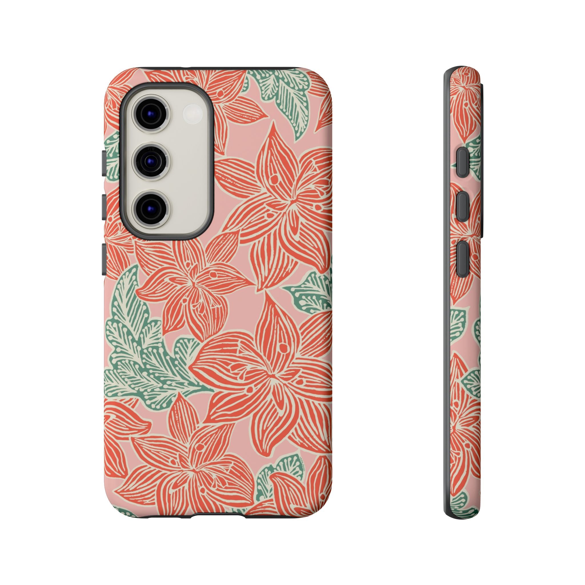 Hibiscus Coral Samsung Galaxy S23 Matte Case — blush pink hard case with large-scale coral red hibiscus flowers and teal-green leaves in a bold botanical linework print, densely layered across the surface