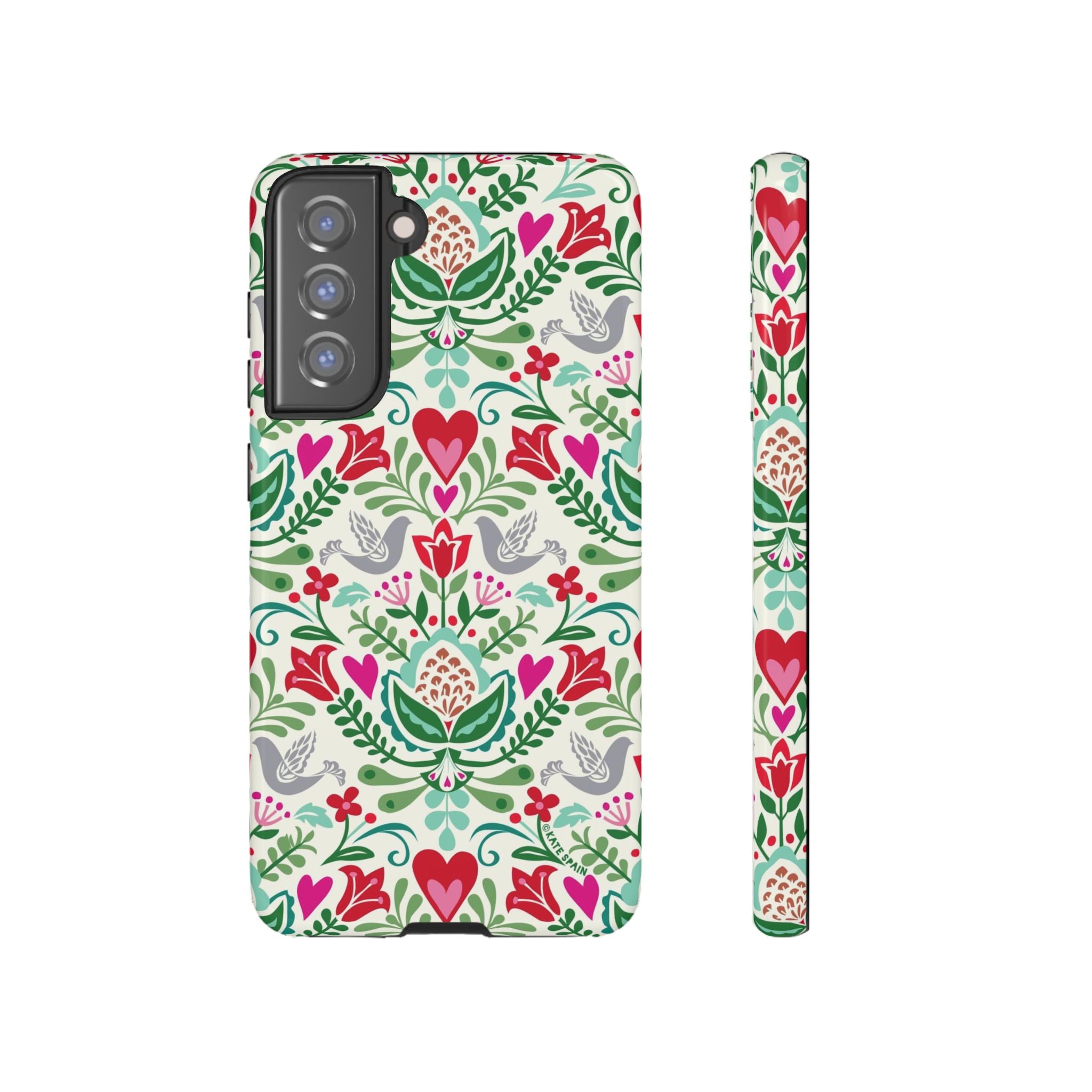 Rosemaling Samsung Galaxy S21 FE Case – Glossy | white, red, green rosemaling floral print