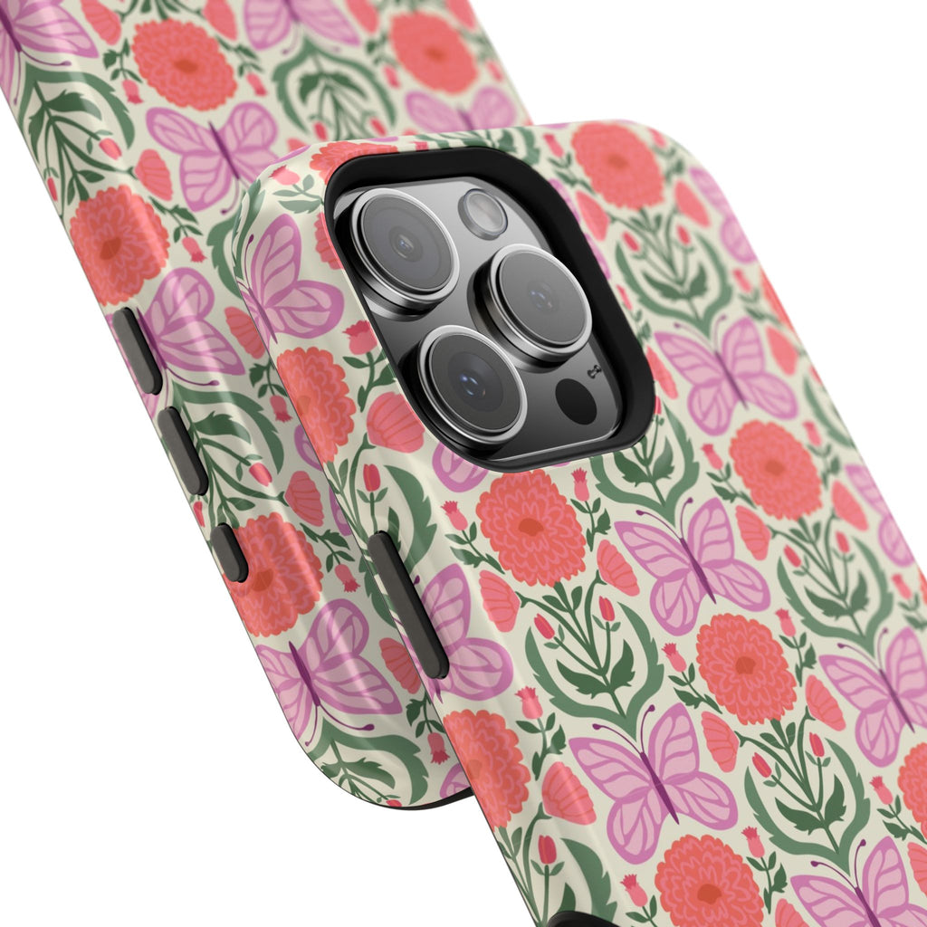 Pink Butterfly MagSafe iPhone 16 Pro Max Glossy Case – angled view of button, ports, and camera cutout | cream, coral, lavender, green butterfly floral print
