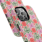 Pink Butterfly MagSafe iPhone 16 Pro Max Glossy Case – angled view of button, ports, and camera cutout | cream, coral, lavender, green butterfly floral print