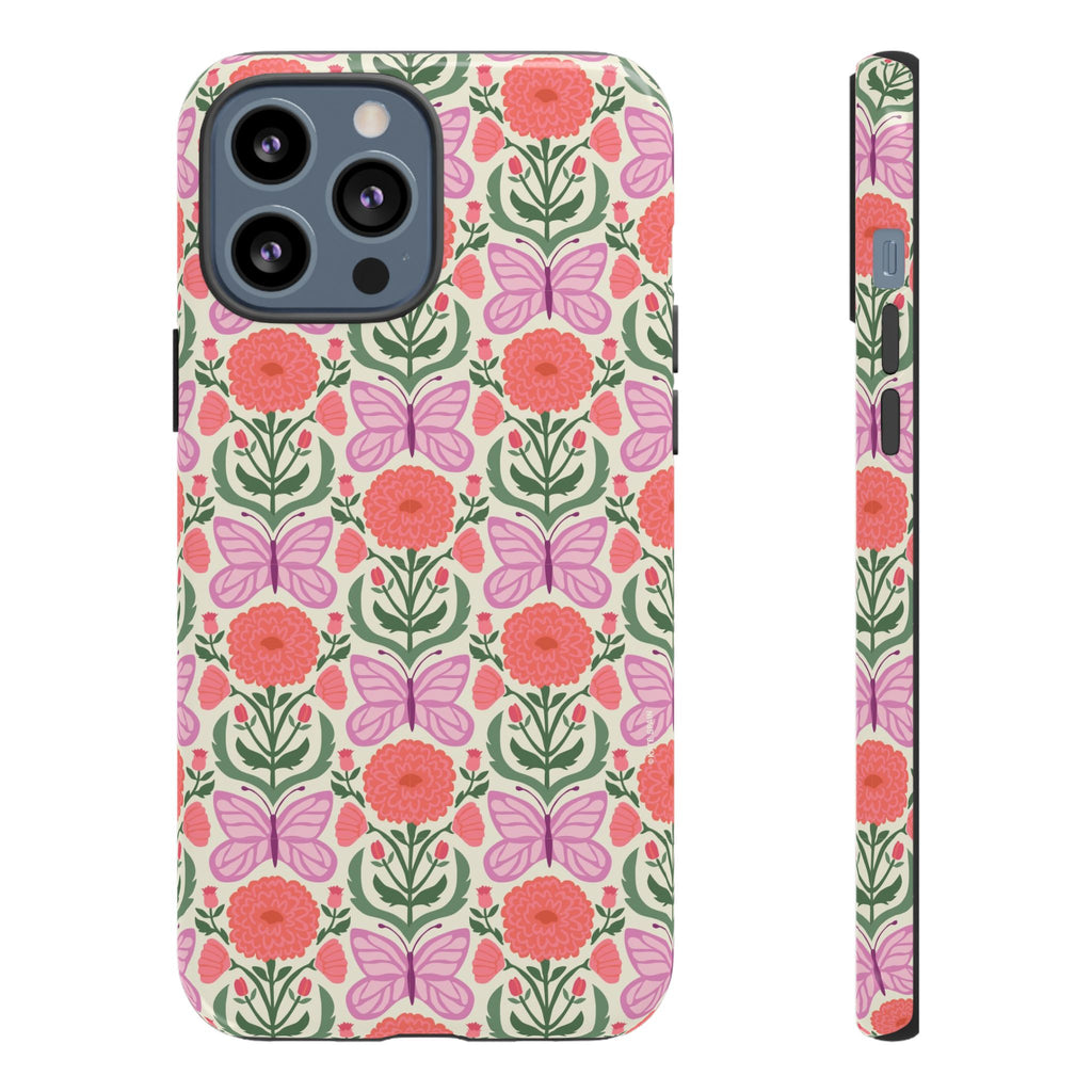 Pink Butterfly Tough iPhone 13 Pro Max Case – Glossy | pink, coral, green, cream butterfly floral print