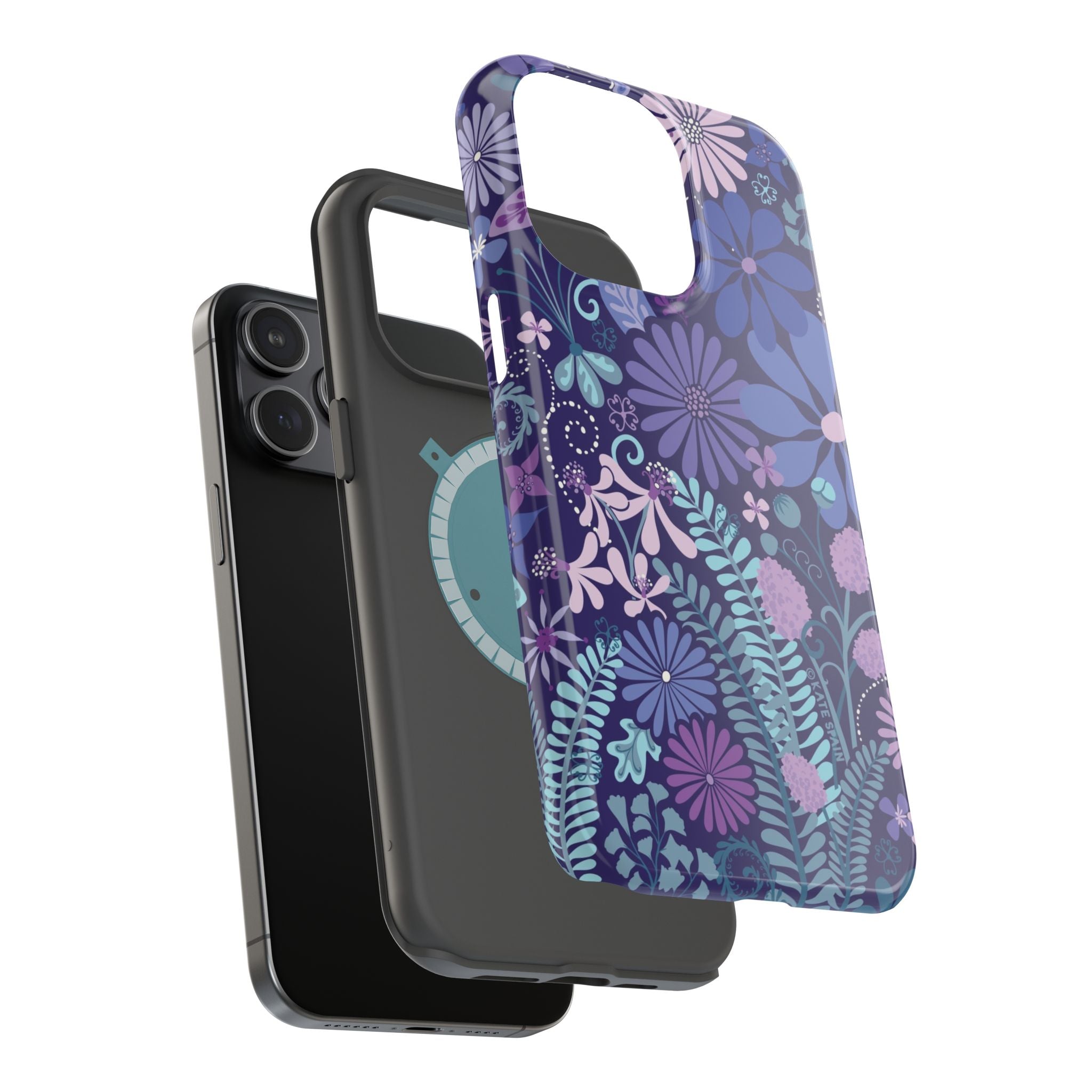 Luxury Terrain MagSafe iPhone 15 Pro Max Case – exploded side view showing dual-layer construction and MagSafe magnet array | navy, purple, aqua botanical woodland floral print