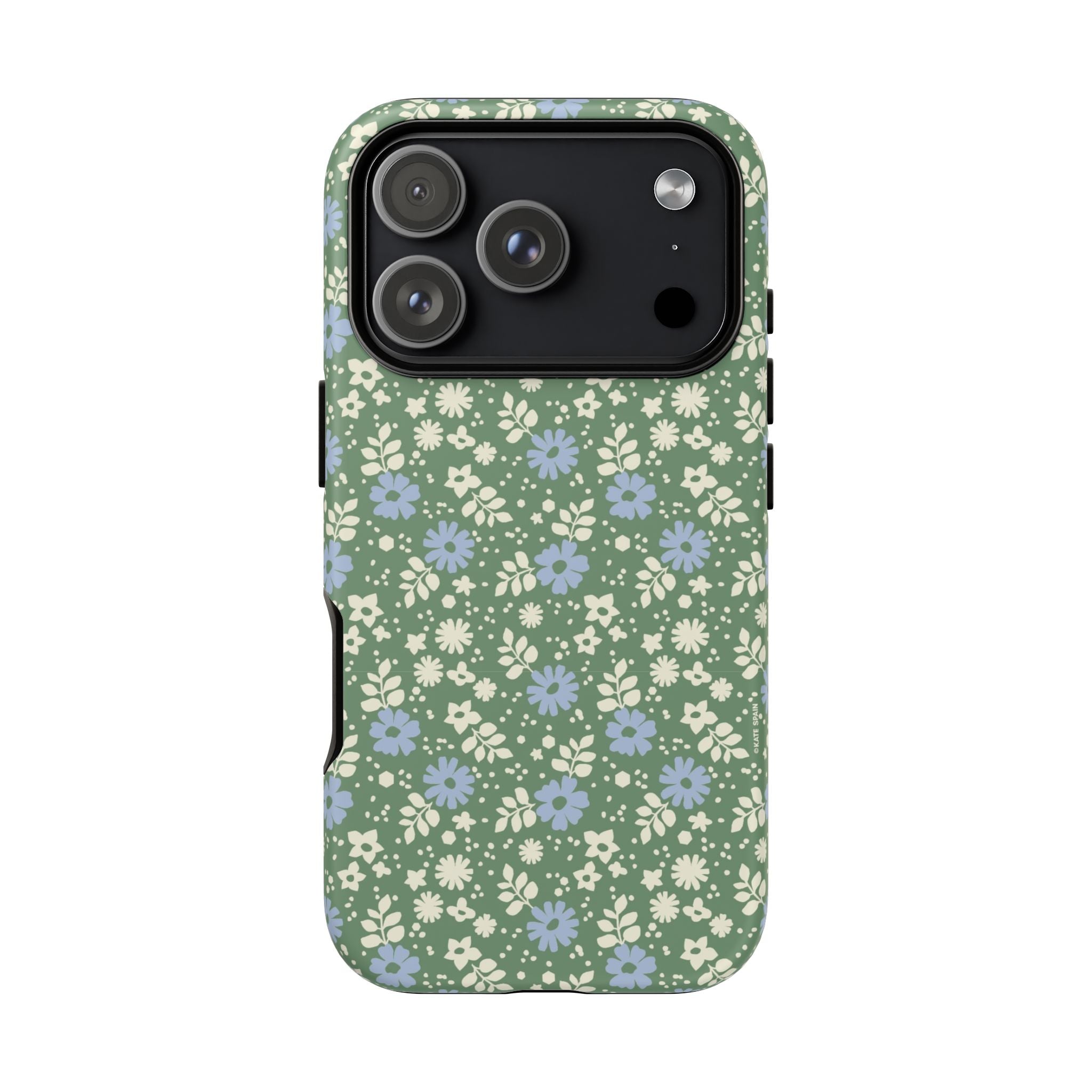 Petaline Tough iPhone 17 Pro Case – Glossy | green, blue, cream ditsy floral print