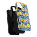 Sunflowers MagSafe iPhone 17 Case – Dual-layered view of case and inner lining in front of phone, with view of camera cutout and buttons | blue, yellow, gold geometric sunflower print
