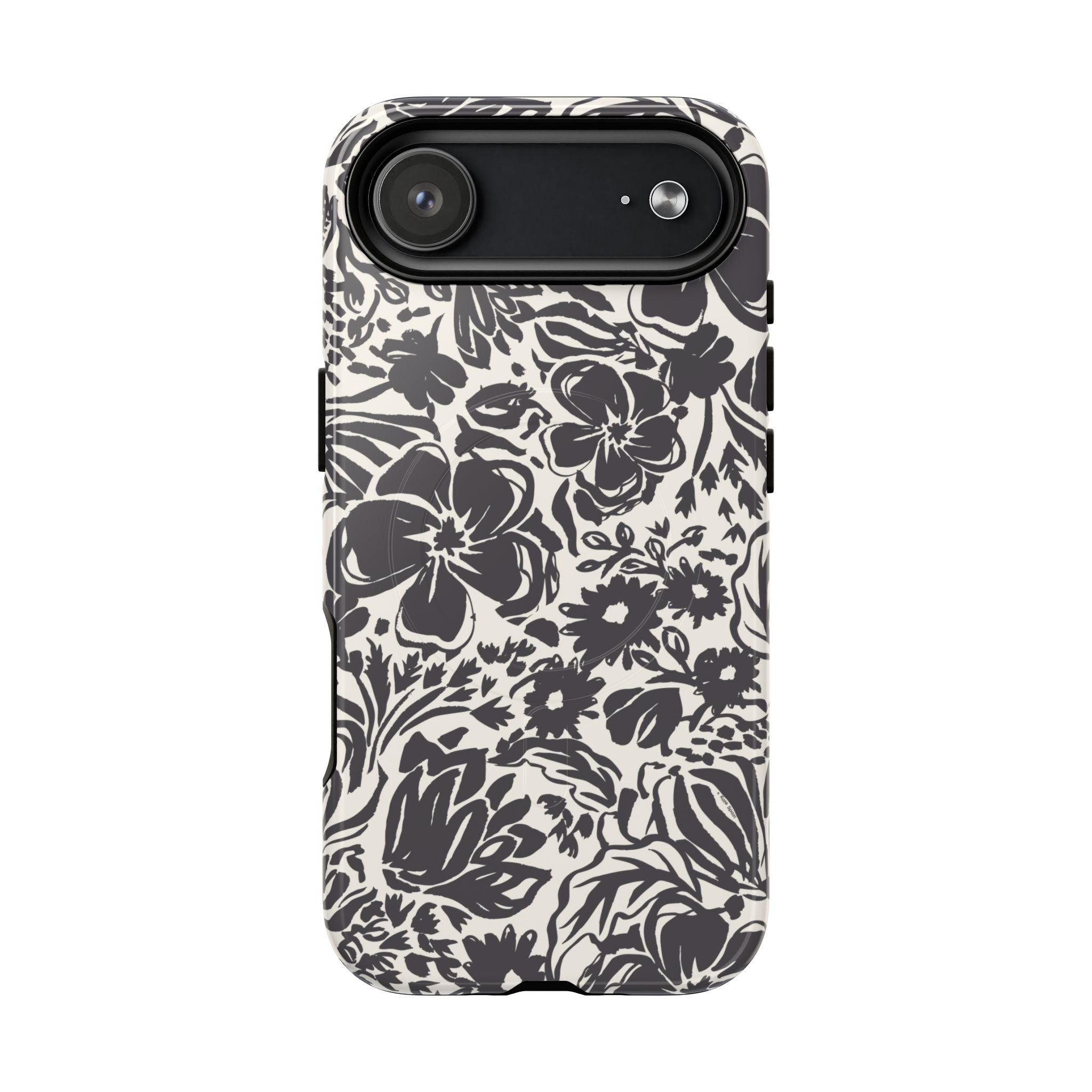 Rhapsody Black MagSafe iPhone 17 Air Glossy case — bold charcoal floral print on cream by Kate Spain