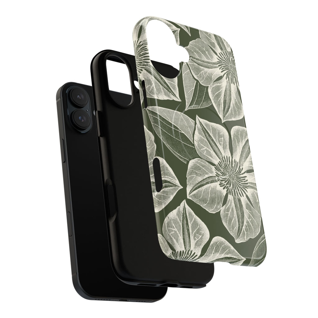Vintage Bloom Cypress MagSafe iPhone 16 Pro Max – Glossy | cypress green ground, large-scale white clematis print, dual-layer case and inner lining detail with camera cutout view