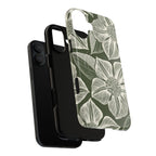 Vintage Bloom Cypress MagSafe iPhone 16 Pro Max – Glossy | cypress green ground, large-scale white clematis print, dual-layer case and inner lining detail with camera cutout view