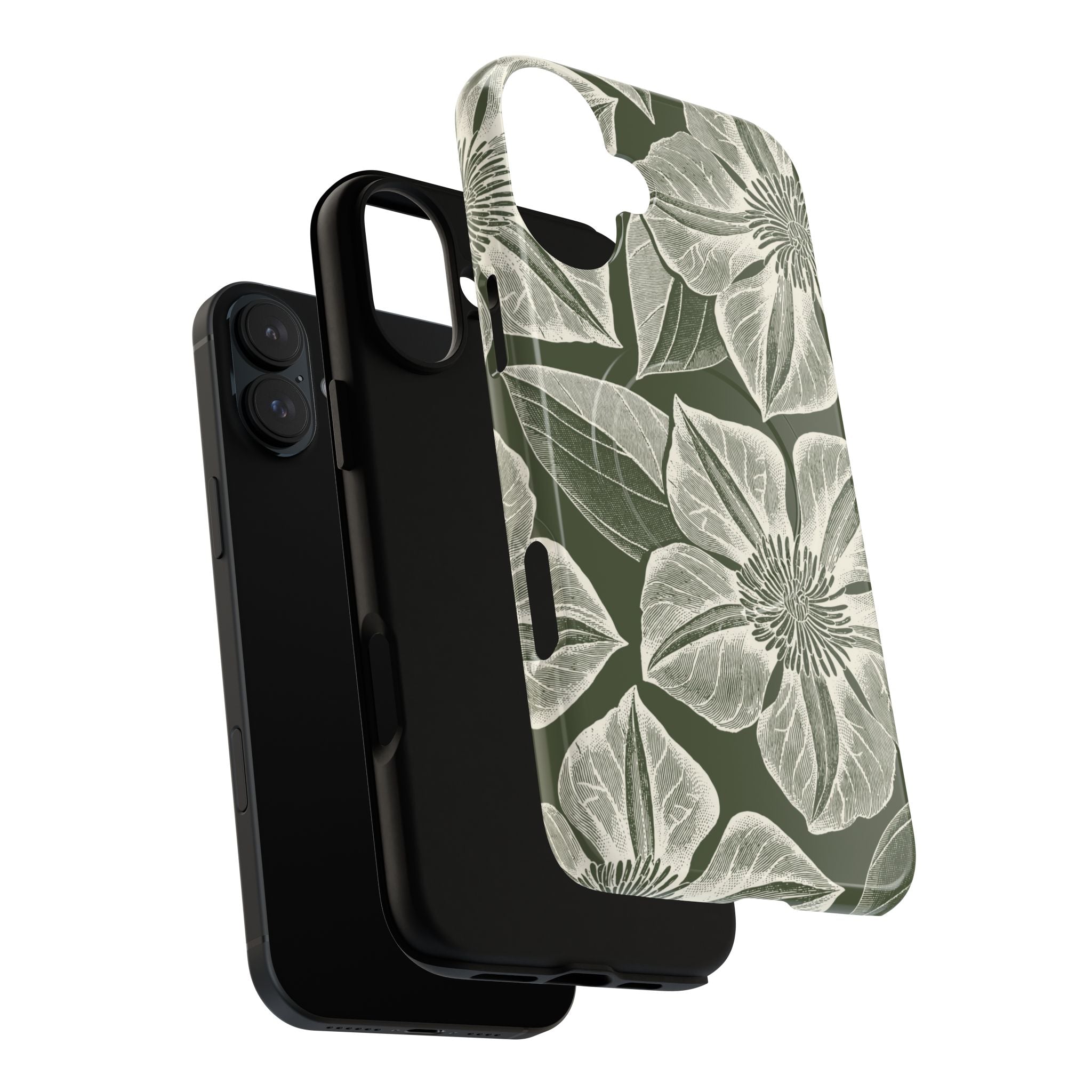 Vintage Bloom Cypress MagSafe iPhone 16 Pro Max – Glossy | cypress green ground, large-scale white clematis print, dual-layer case and inner lining detail with camera cutout view