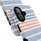 Cabana Stripe Pastel MagSafe iPhone 17 Case – Glossy angled view closeup of camera cutout and buttons | soft blue, coral, sage green chambray-textured stripe print MagSafe compatible, dual-layer protection