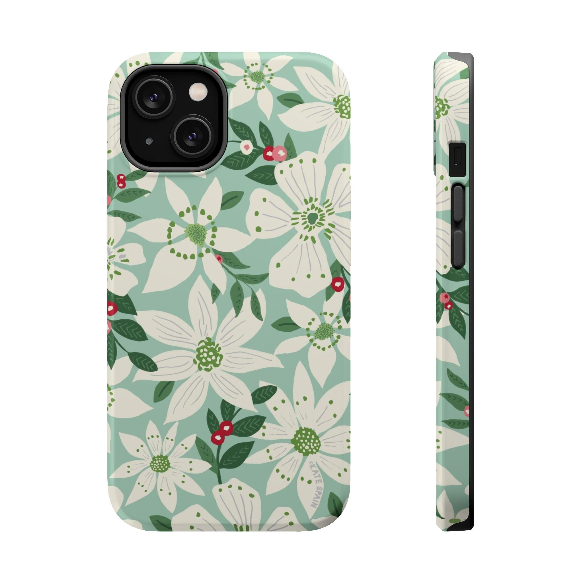 Gardenia MagSafe iPhone 14 Case – Glossy | light blue, white, green, red gardenia botanical print MagSafe compatible, dual-layer protection