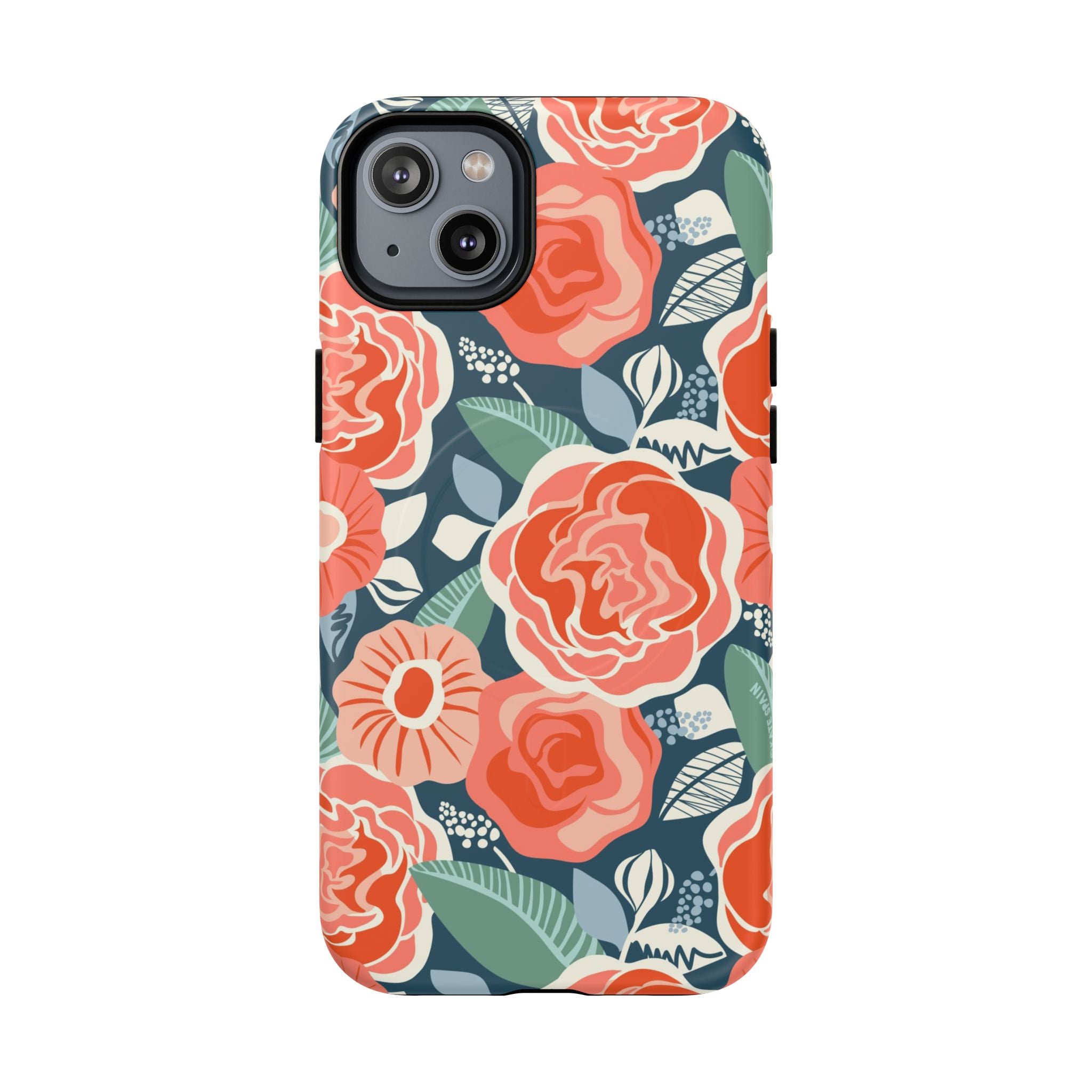 Luxury Tea Rose Navy MagSafe iPhone 14 Plus Case – Matte | navy, coral, peach botanical rose floral print