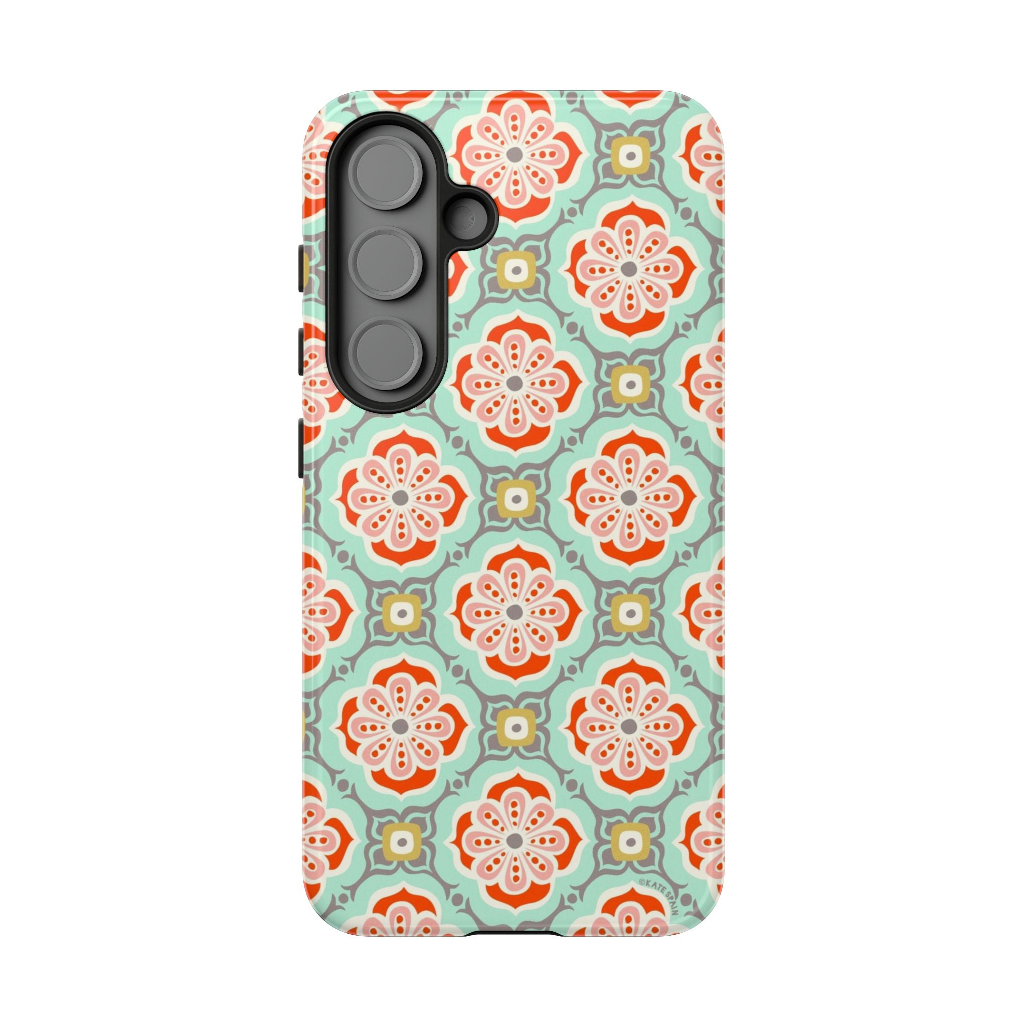 Luxury Alhambra Samsung Galaxy S25 Case – Glossy | light turquoise, coral, cream geometric medallion tile print