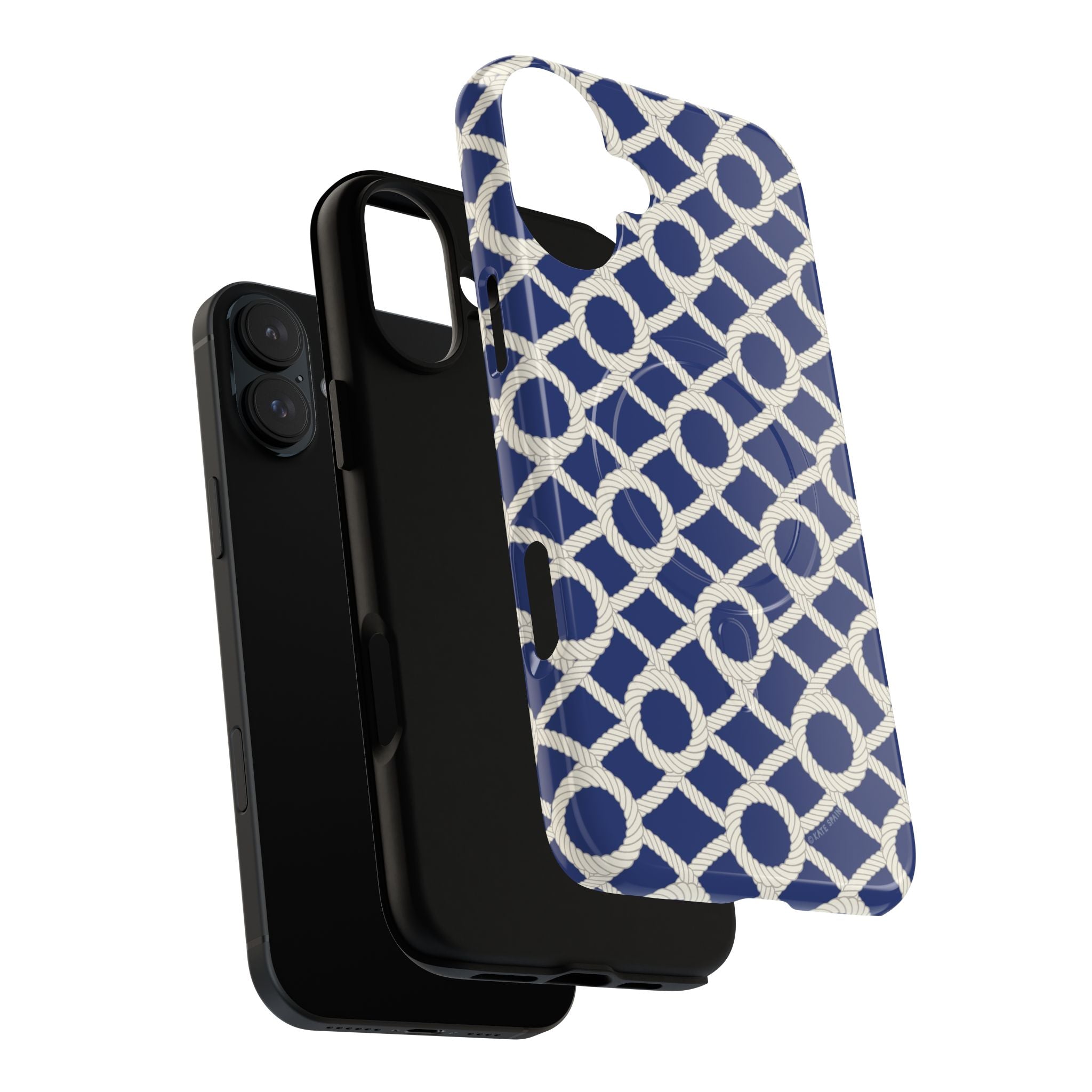 Sailor's Knot MagSafe iPhone 17 Case – Dual-layered view of case and inner lining in front of phone, with view of camera cutout and buttons | cream, navy nautical print
