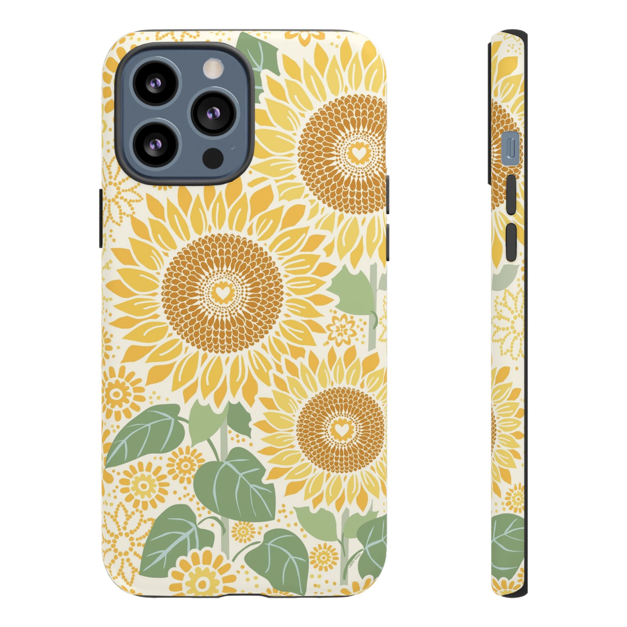 Sunny Sunflower iPhone 13 Pro Max case – Matte | cream ground, large-scale yellow sunflower print, golden seed detail with heart centers, dual-layer protection