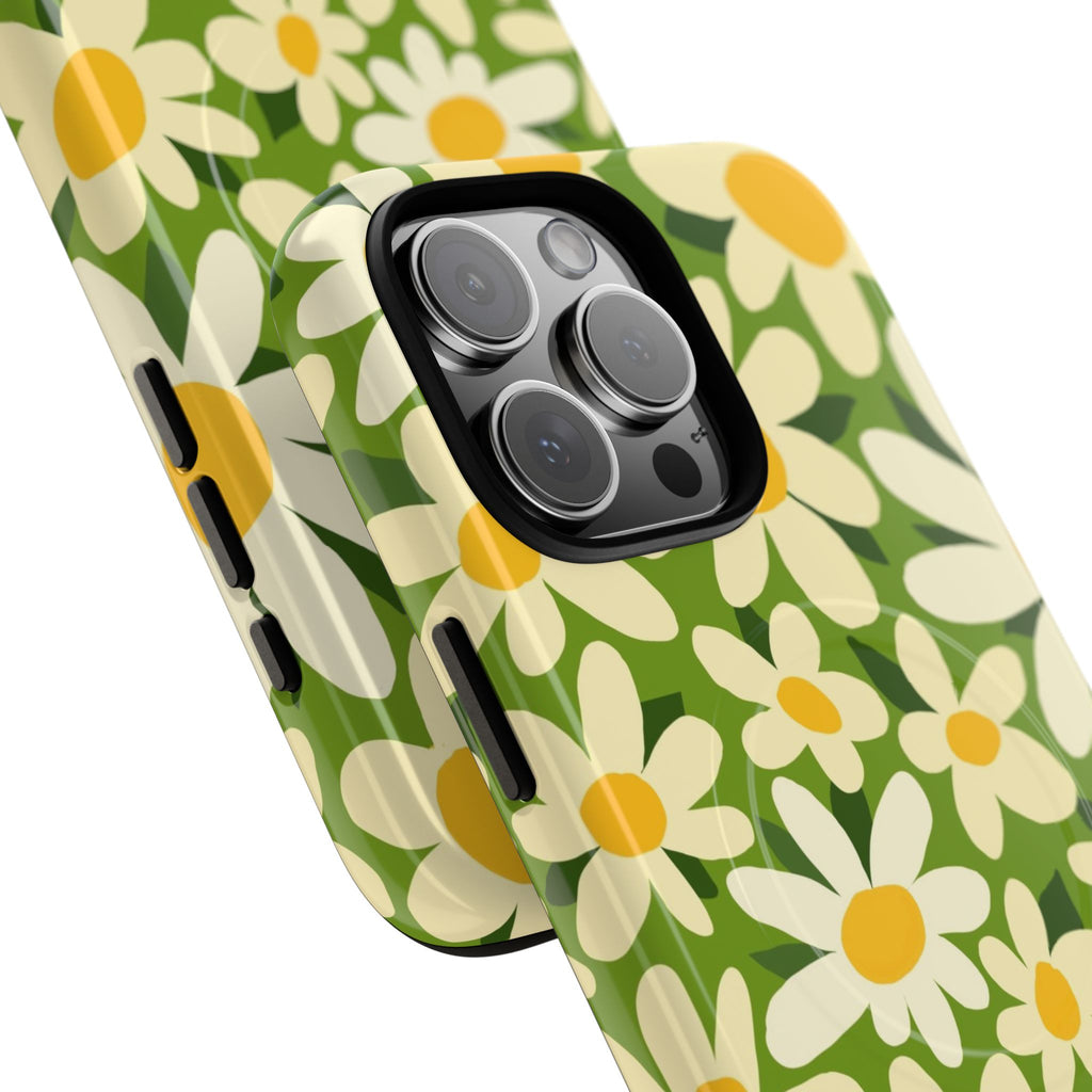 Shasta Daisy MagSafe iPhone 16 Pro Max Case – Glossy | green, white, yellow daisy floral print | angled view closeup of camera cutout and buttons
