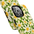 Shasta Daisy MagSafe iPhone 16 Pro Max Case – Glossy | green, white, yellow daisy floral print | angled view closeup of camera cutout and buttons
