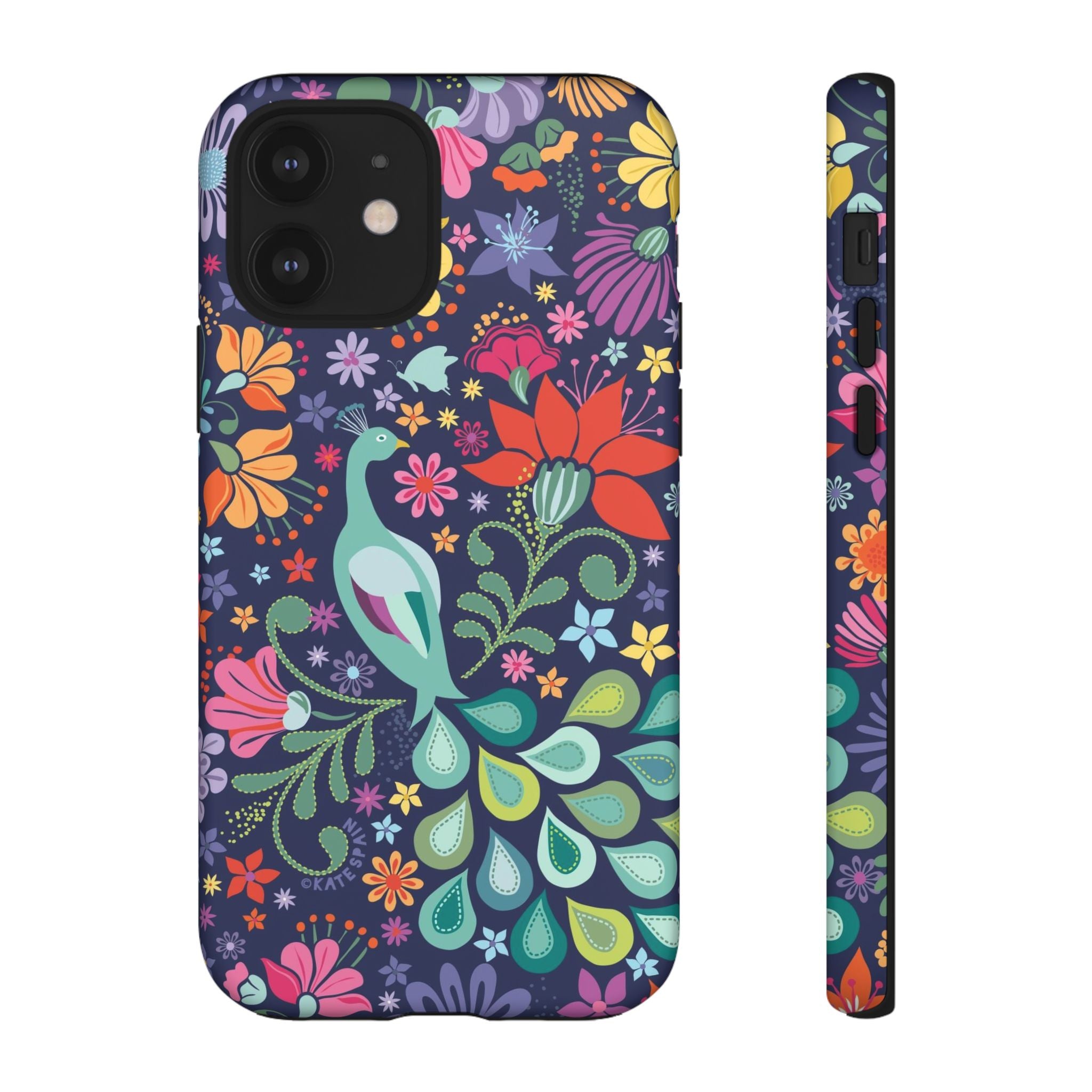 Peacock Sanctuary Tough iPhone 12 Case – Matte | navy, teal, coral multicolor vibrant peacock feather botanical print