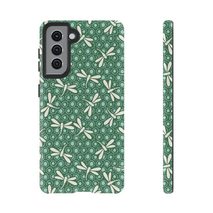 Dragonfly Pattern Phone Case — Green Floral Protective Tough Case