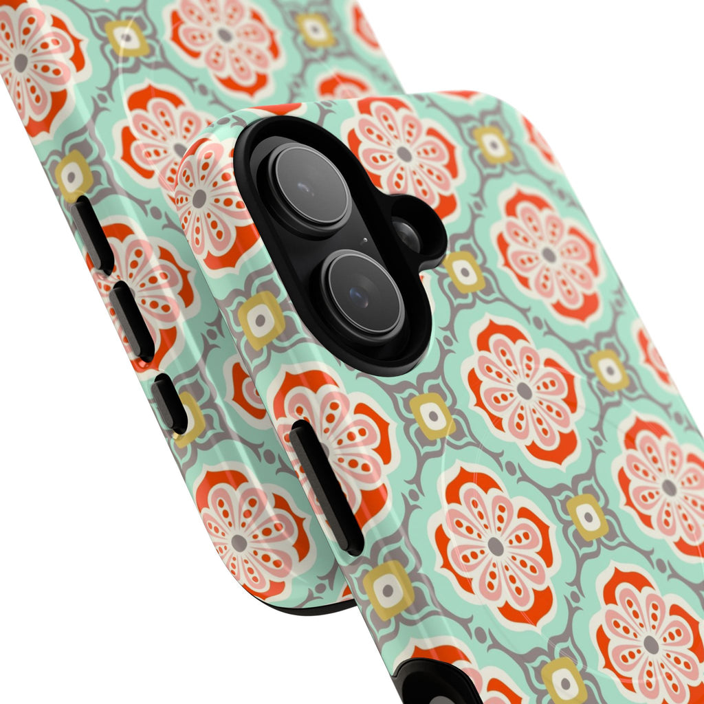 Alhambra MagSafe iPhone 17 Case – Glossy | aqua, coral, blush geometric medallion floral print | angled view closeup of camera cutout and buttons