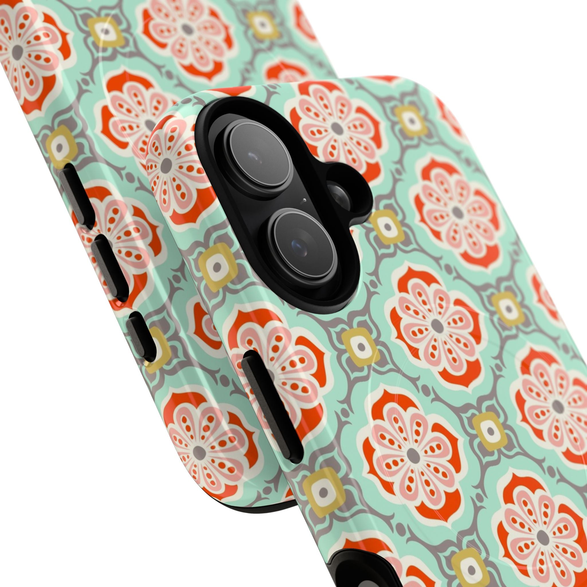 Alhambra MagSafe iPhone 17 Case – Glossy | aqua, coral, blush geometric medallion floral print | angled view closeup of camera cutout and buttons